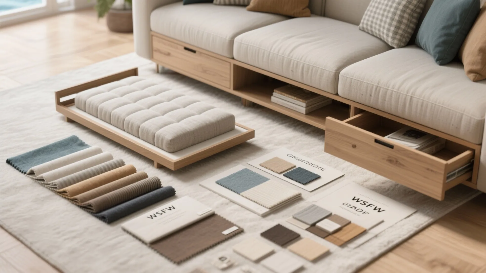 Flatlay of sleeper sofa materials, daybed details, and storage options for small suites