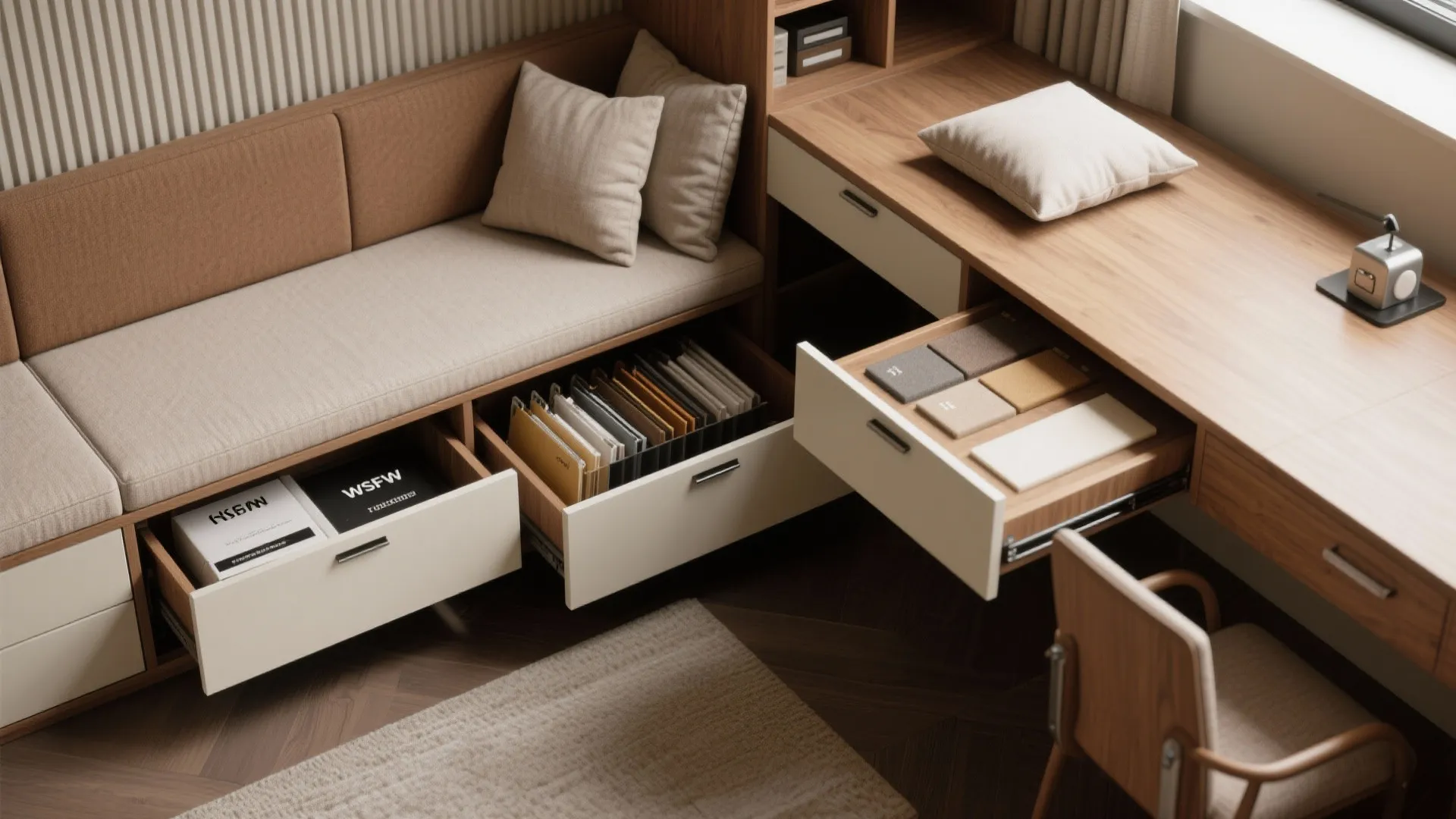 Flatlay of a bench with hidden storage, a desk with integrated drawers and fabric samples.