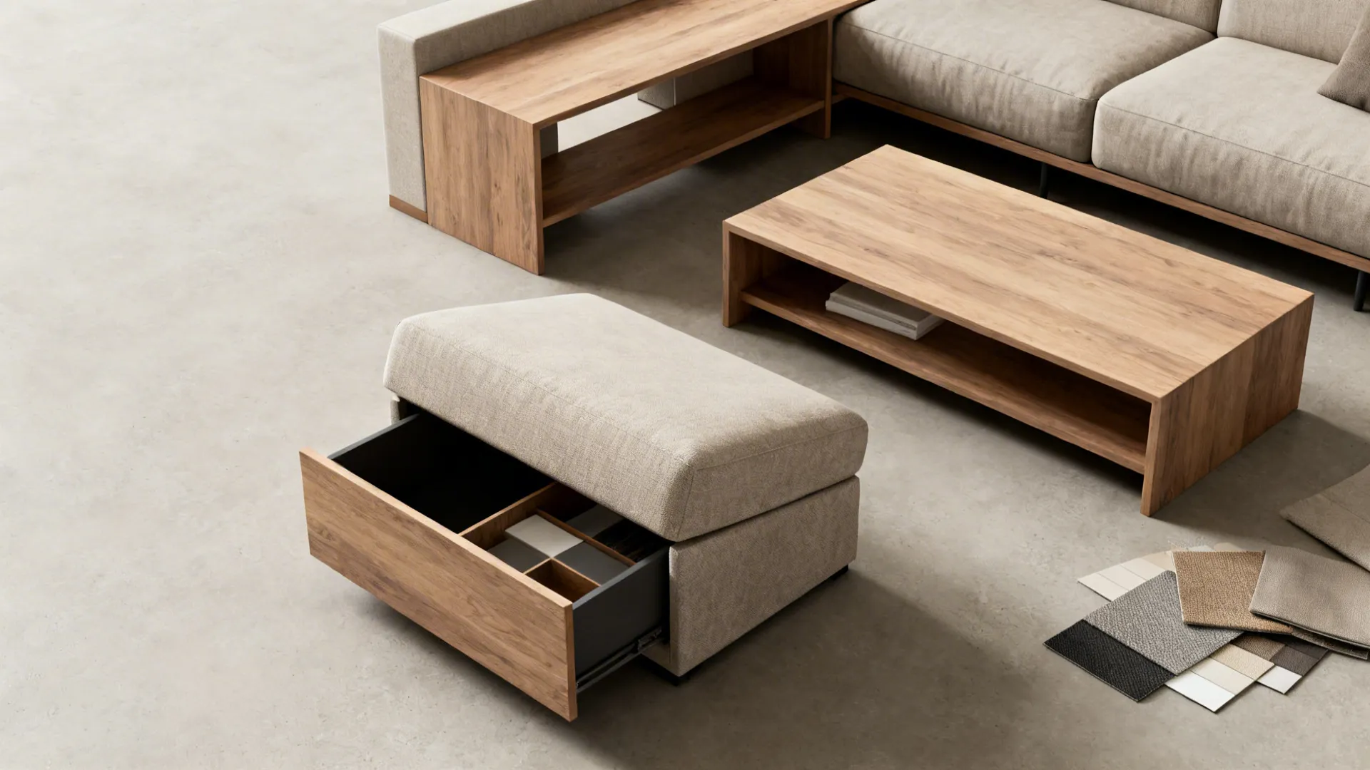 Flatlay of multifunctional furniture pieces: storage ottoman, slim console, and coffee table with shelves.