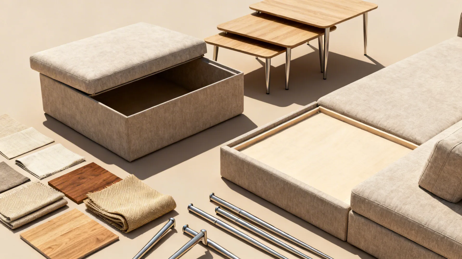 Flatlay of storage ottoman, nesting tables, and durable fabric swatches for multifunctional small-space furniture.