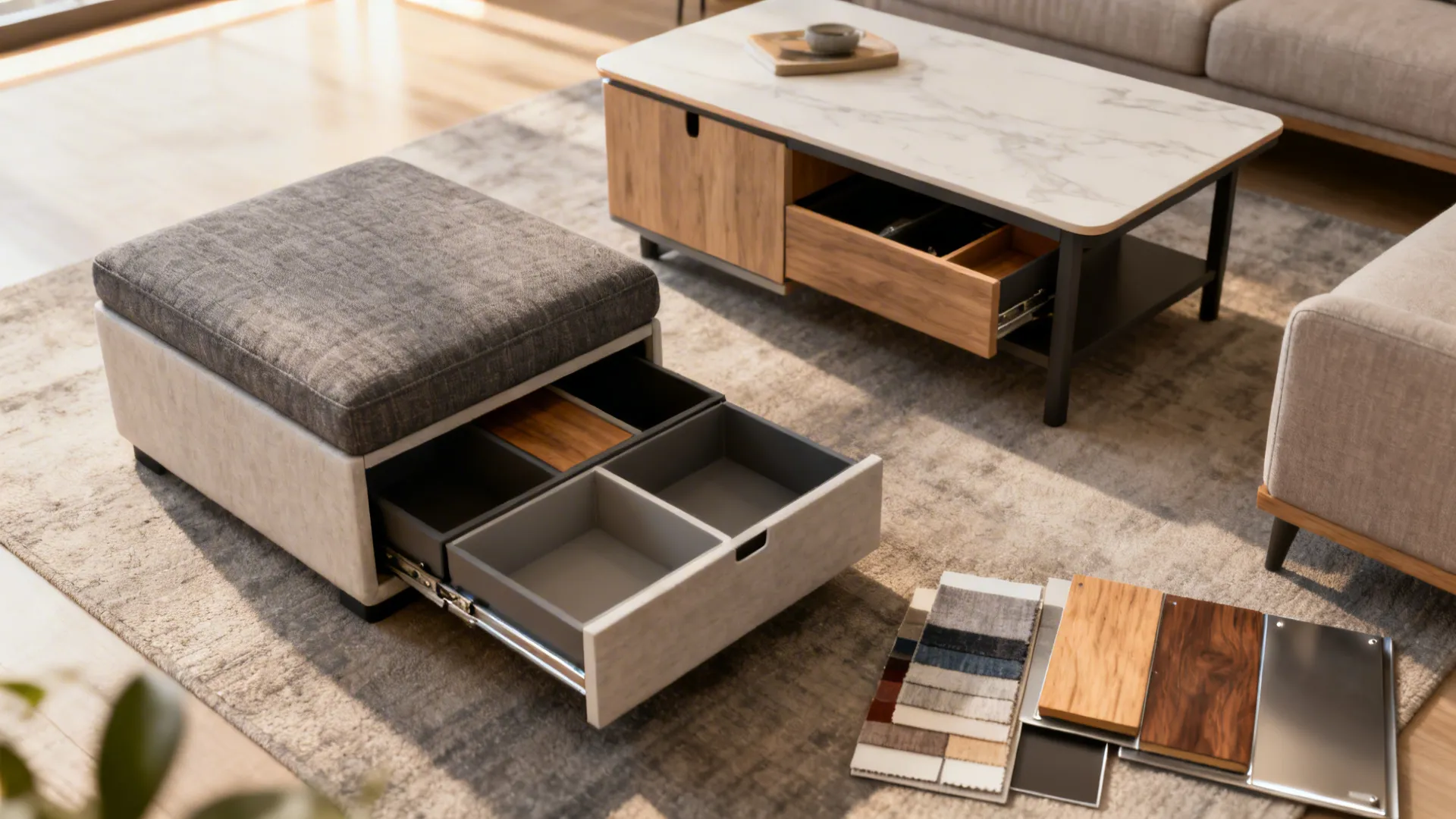 Multifunctional pieces: storage ottoman and convertible table with material samples.
