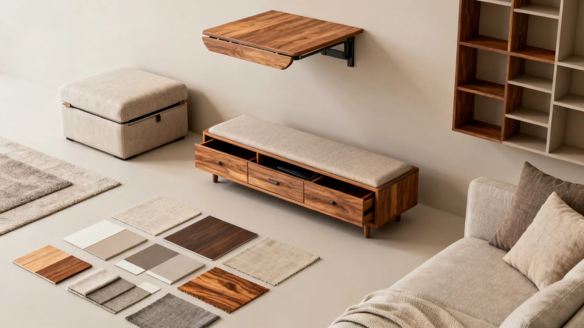 Flatlay of multifunctional furniture options: storage ottoman, drop-leaf table, and slim media console