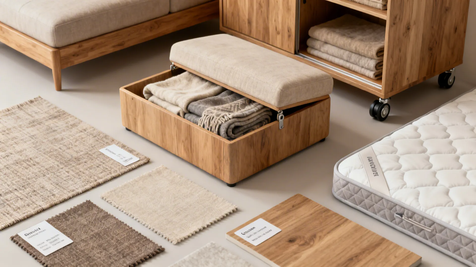 Flatlay of multifunctional furniture elements: sleeper sofa fabrics, storage ottoman, wardrobe casters, mattress topper