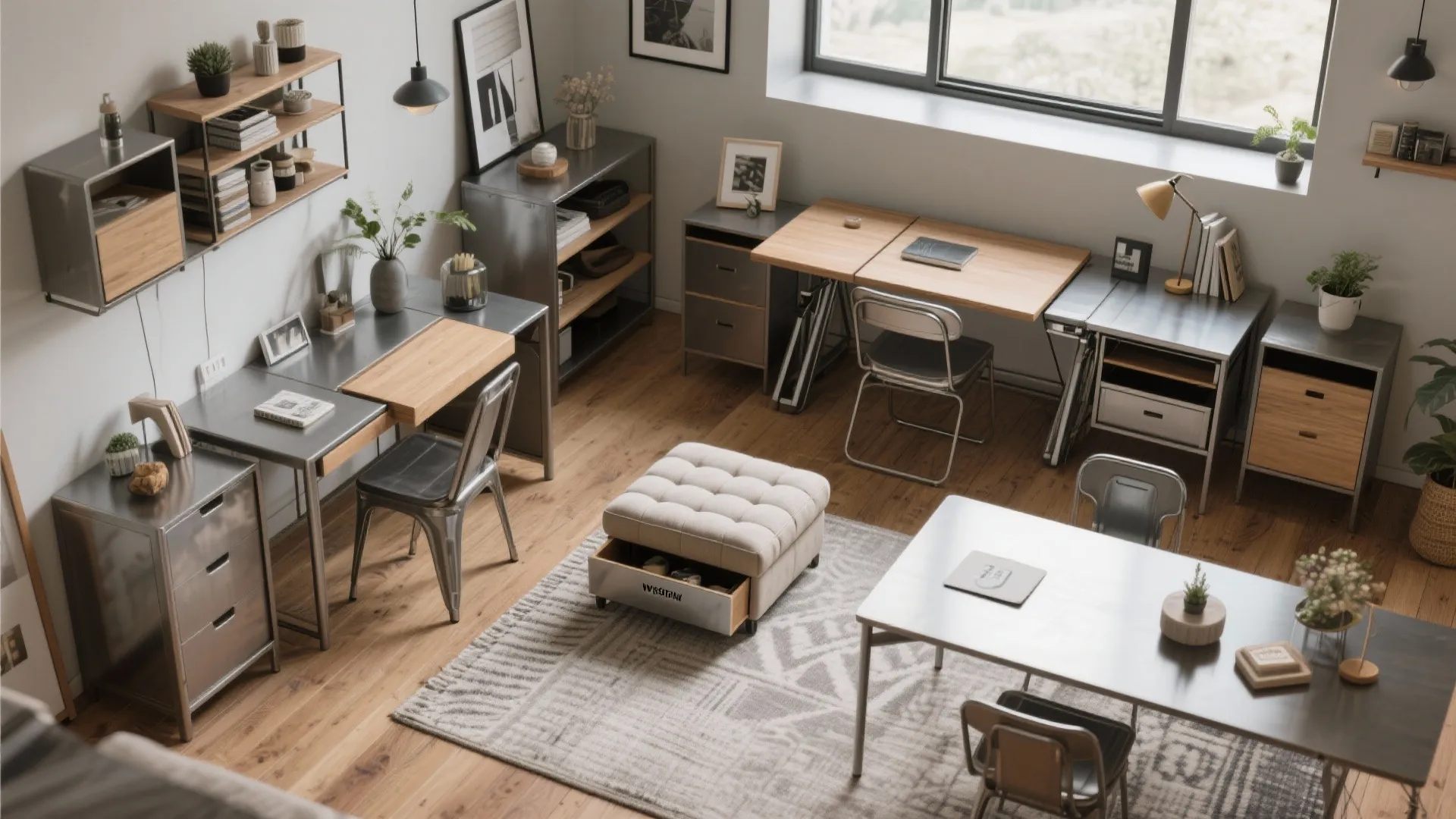 Industrial home office with wooden desks metal chairs grey rug and a tufted beige footrest