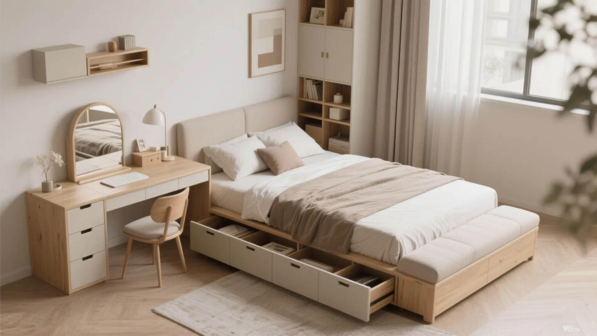 Modern bedroom with wooden bed including storage drawers matching desk chair and tall shelving unit