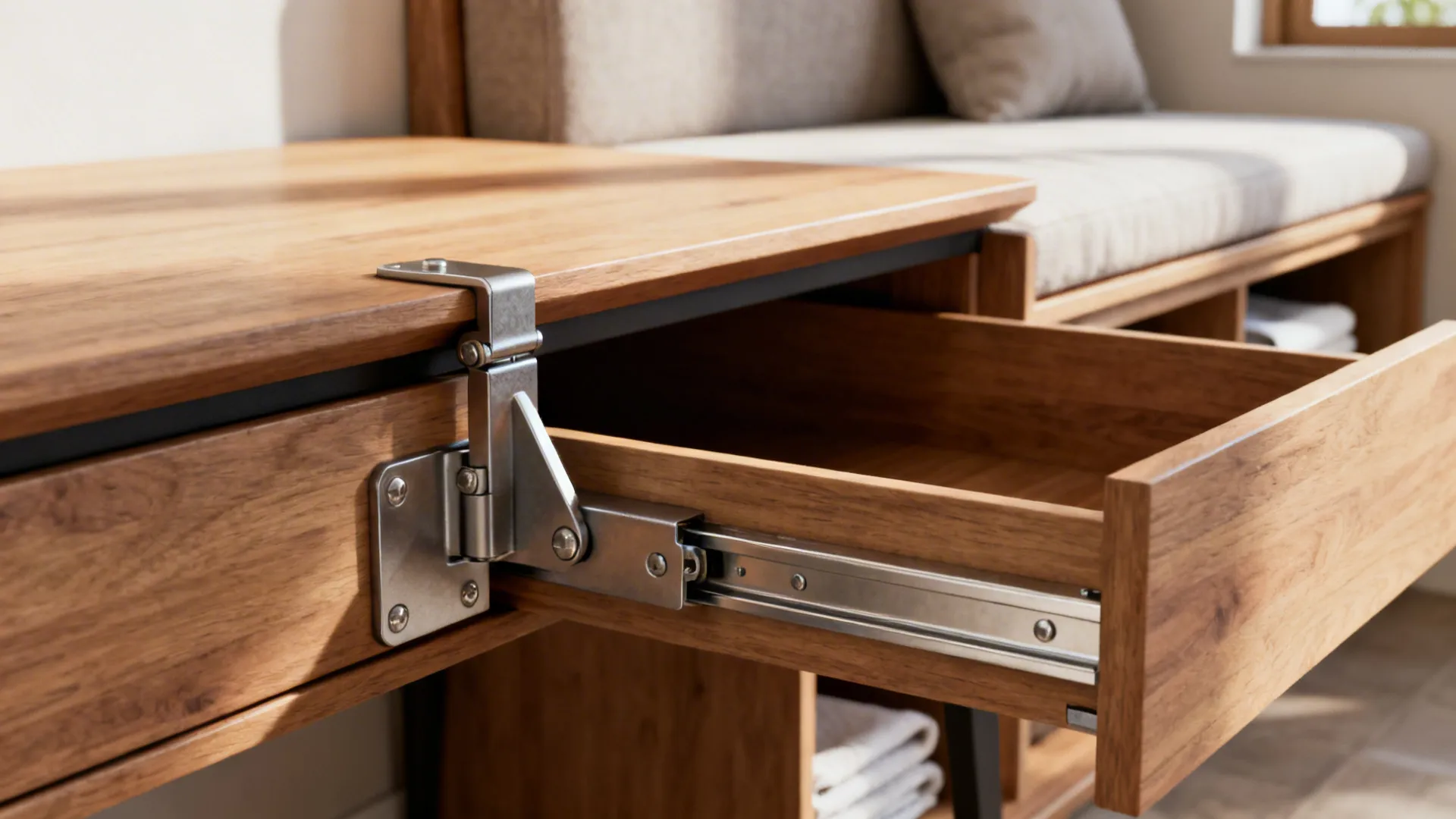 Close-up of sturdy hinges and drawer runners on multifunctional furniture in a tiny home.