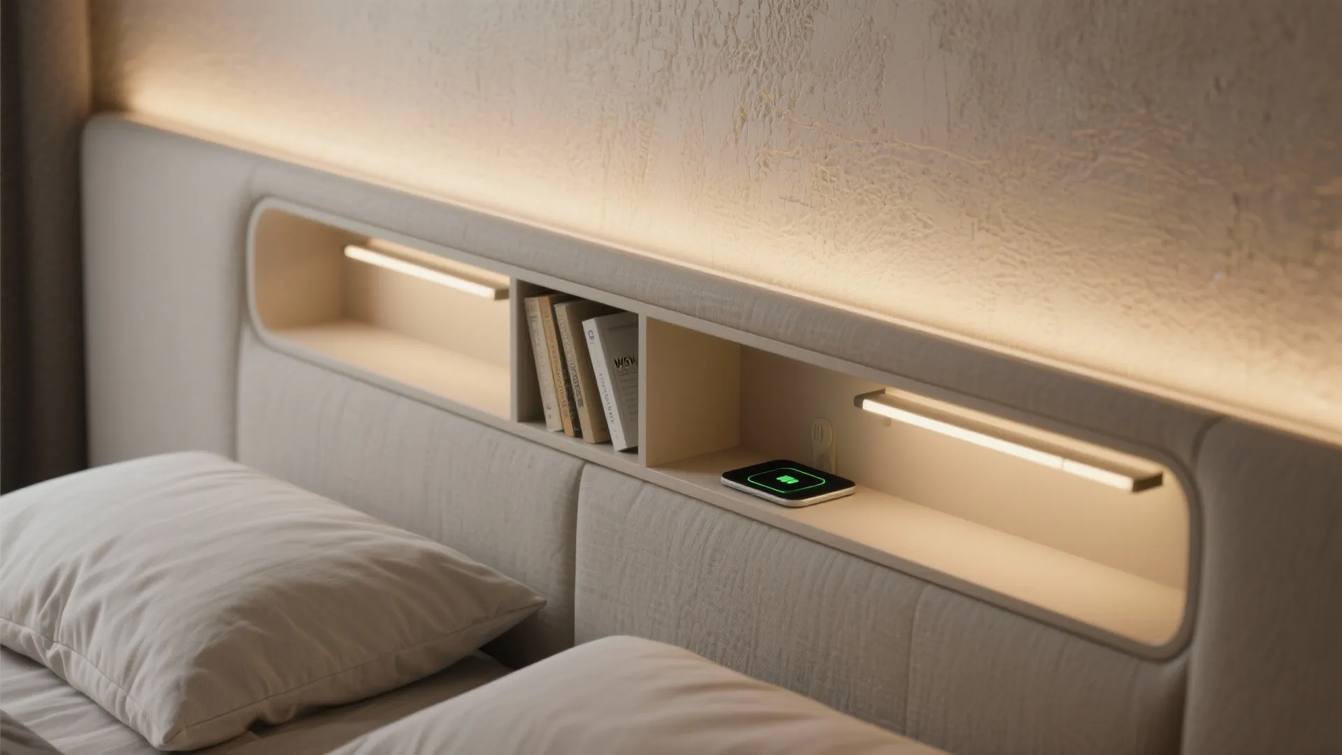 Modern cream headboard with built-in shelf featuring books, integrated lighting, and a wireless charging pad
