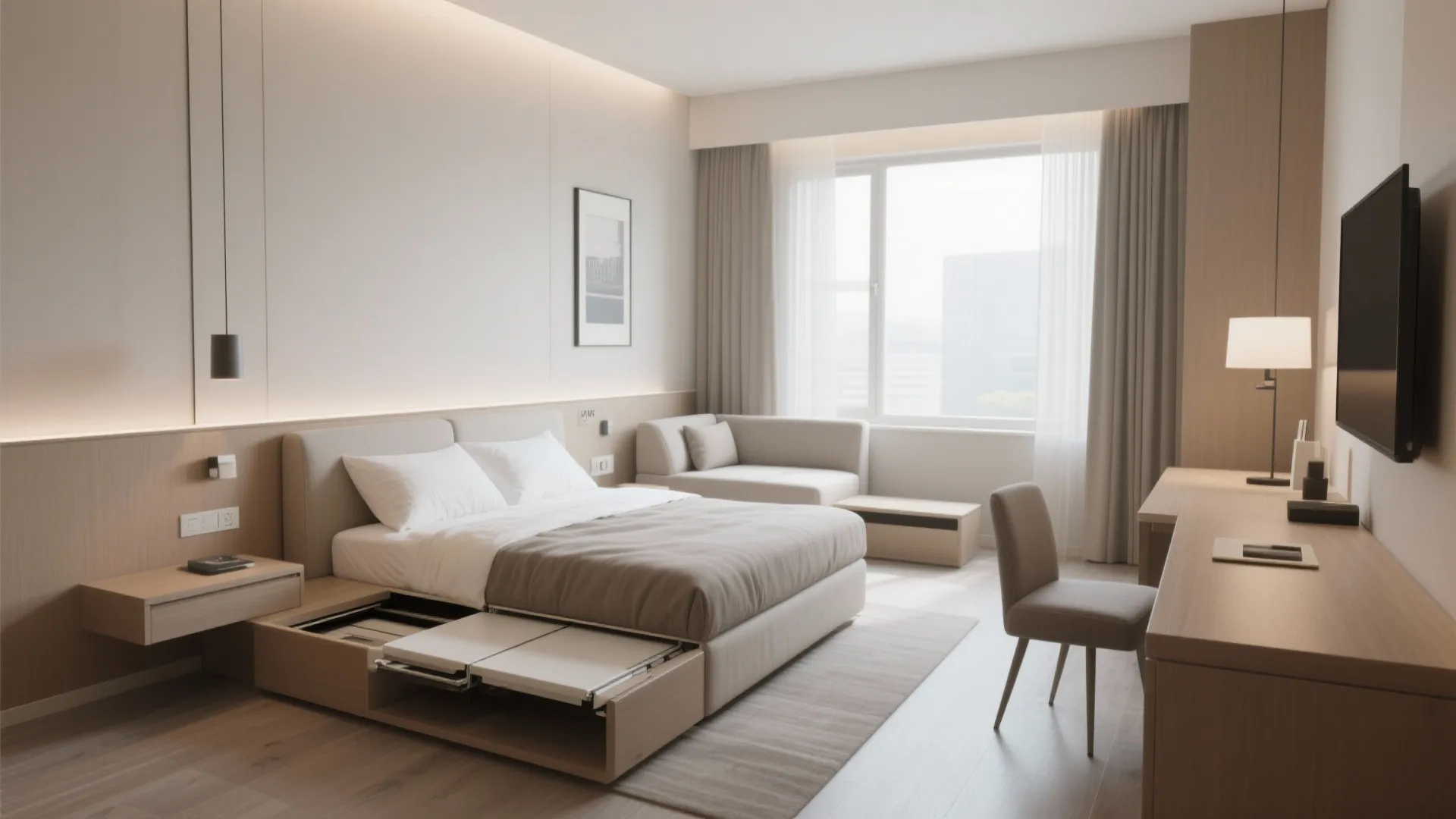 Minimalist hotel room featuring bed with pull out storage sofa desk chair and large bright window