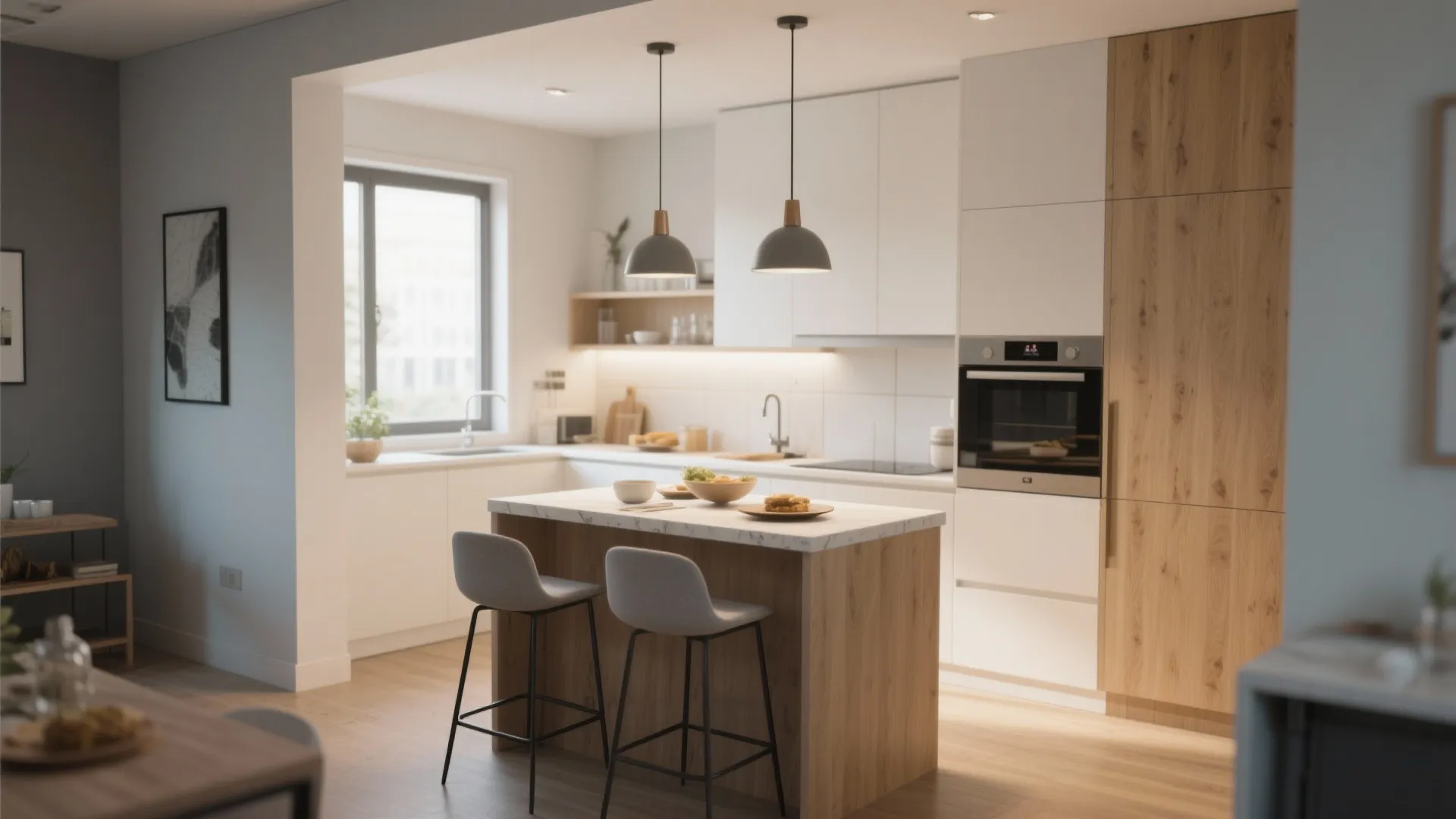 Small kitchen island serving as both prep area and dining table