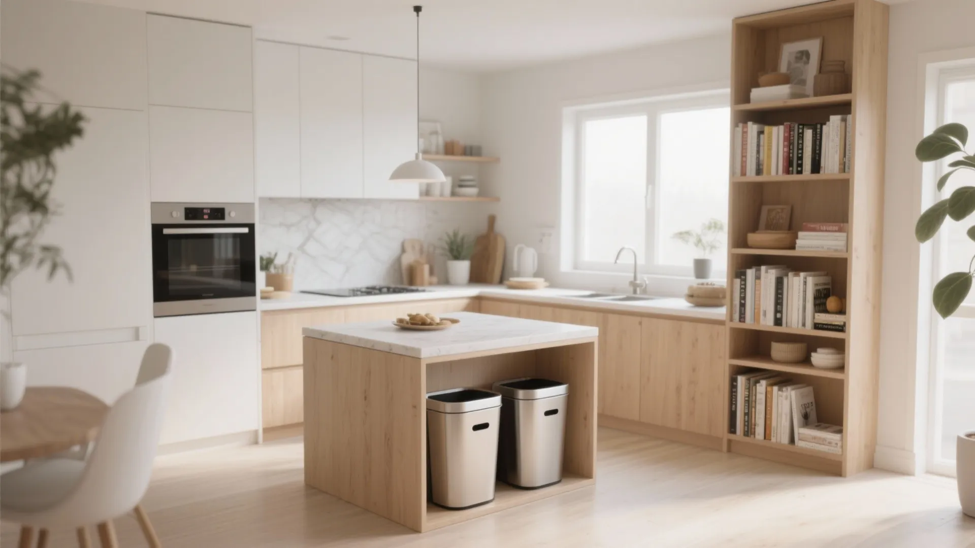 Small kitchen island with hidden storage and bookshelves