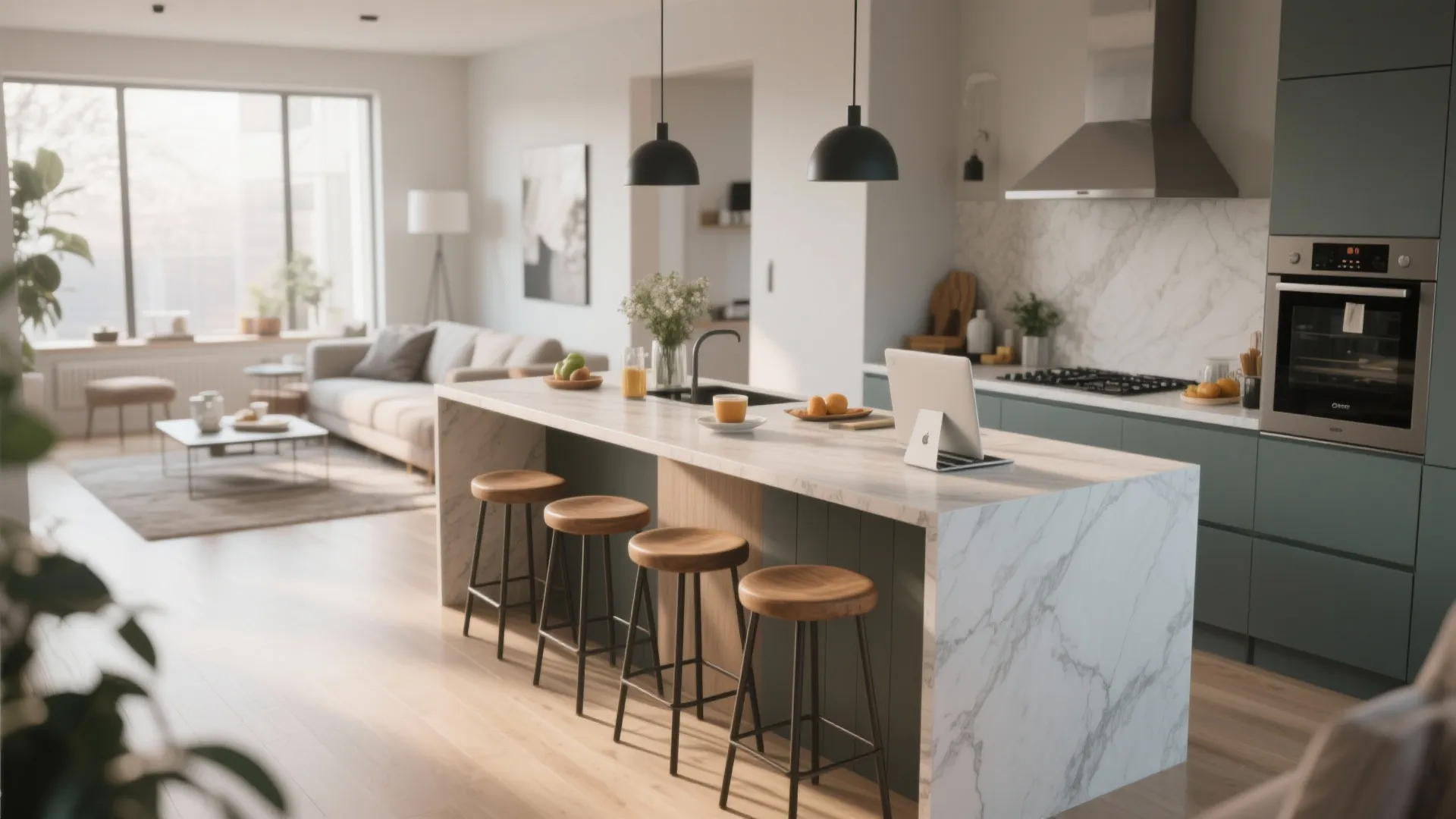Modern kitchen with marble island counter wood bar stools and open view to living room
