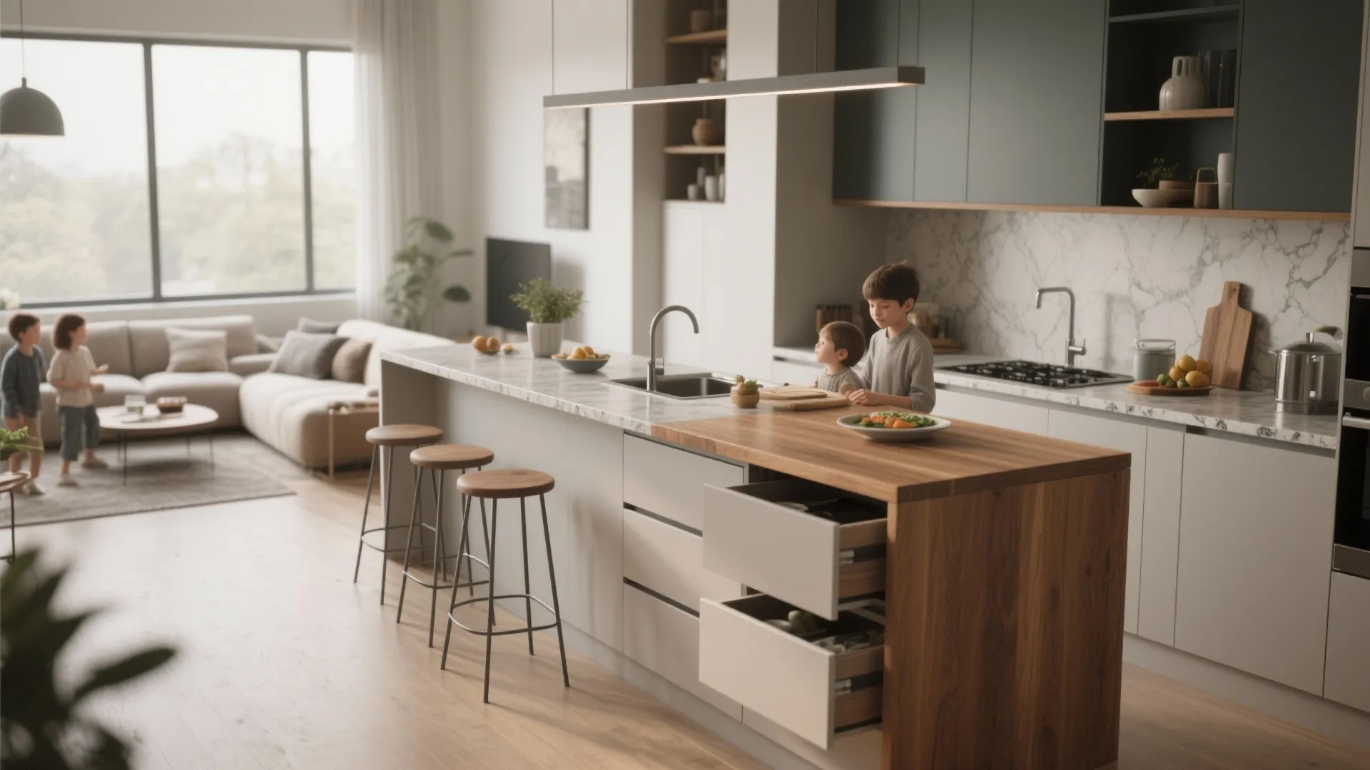 Modern open plan kitchen with multifunctional island and children standing by the marble counter top