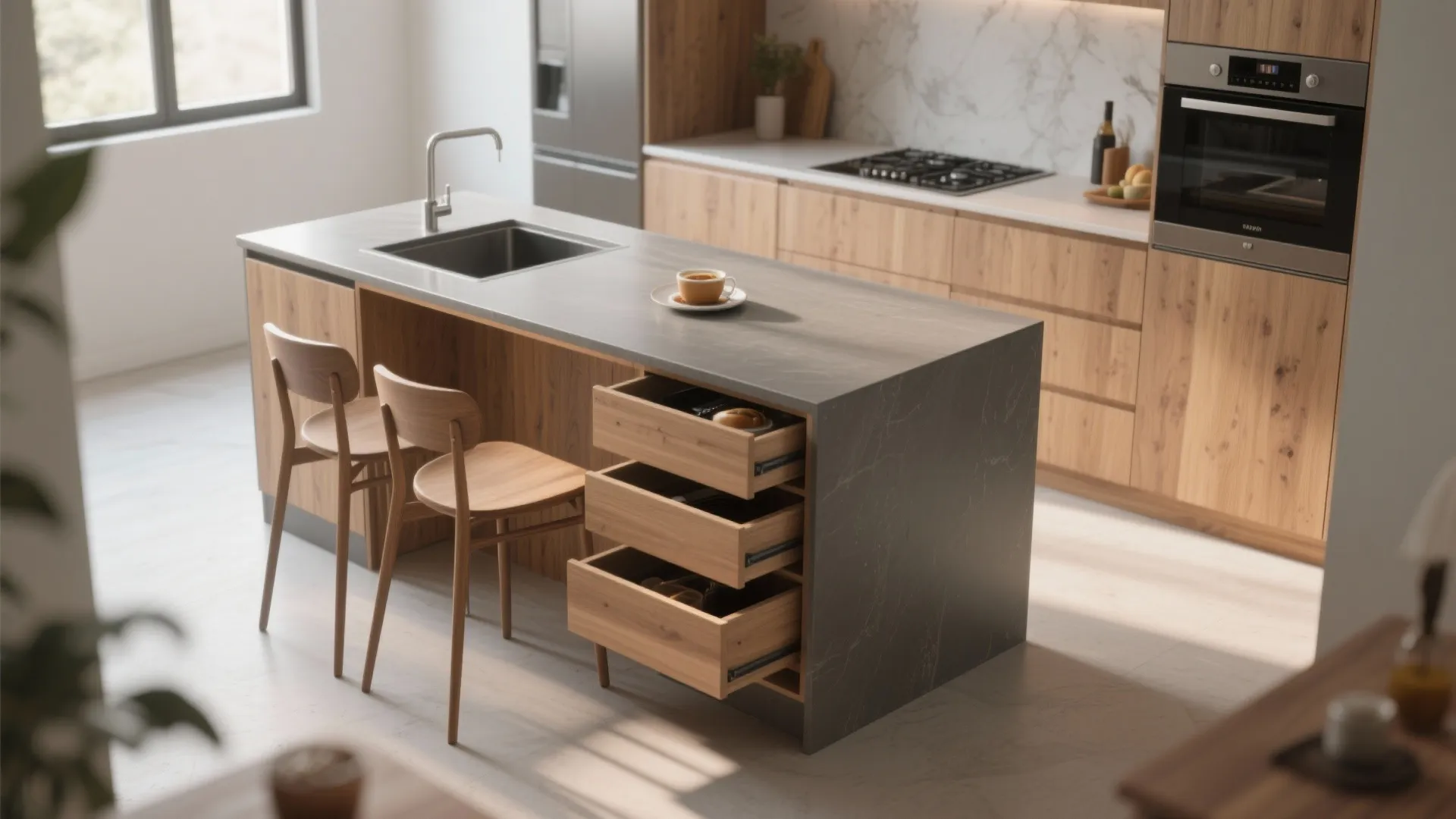 Grey kitchen island with open wooden drawers two wood chairs and integrated sink in modern room