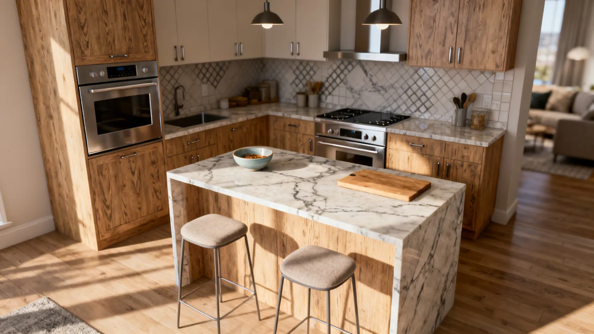 L-shaped peninsula with storage and breakfast bar creating a social hub in a compact open-plan kitchen.