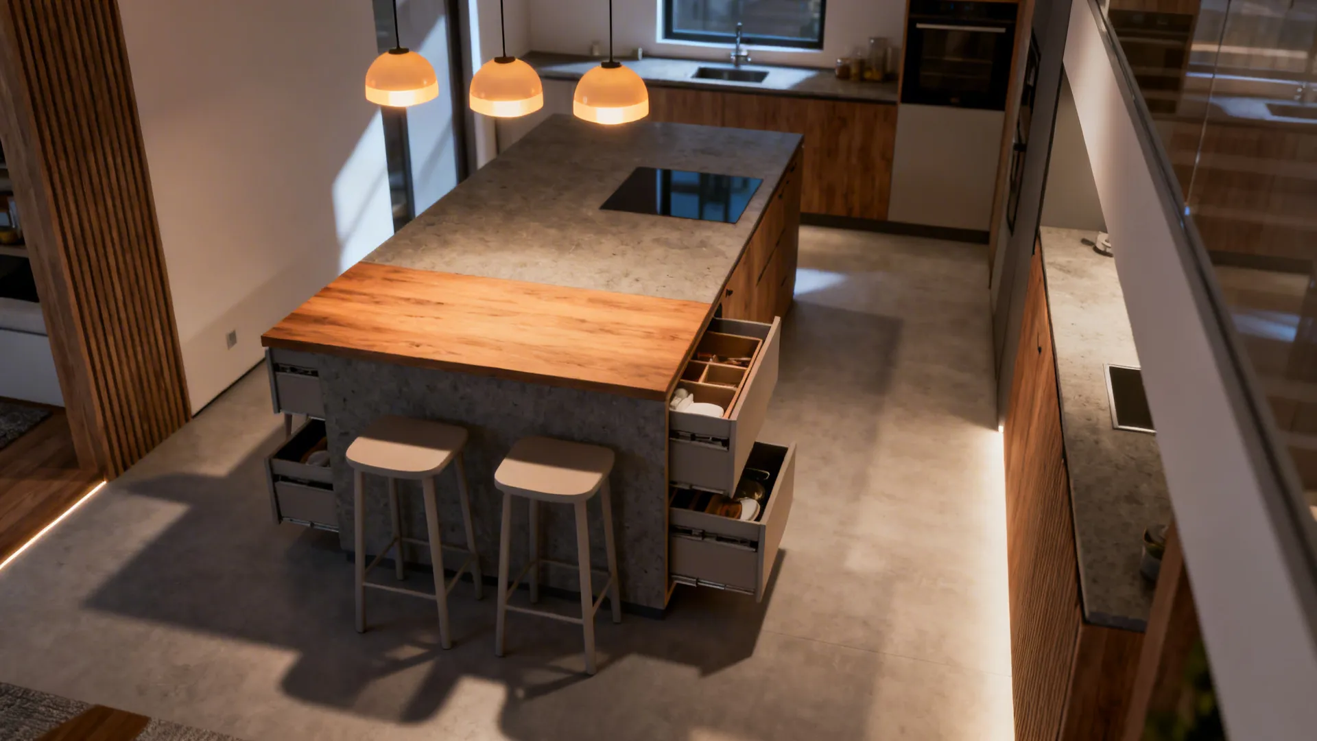 Slim multifunctional kitchen island with stools and integrated storage in a compact open-plan space.