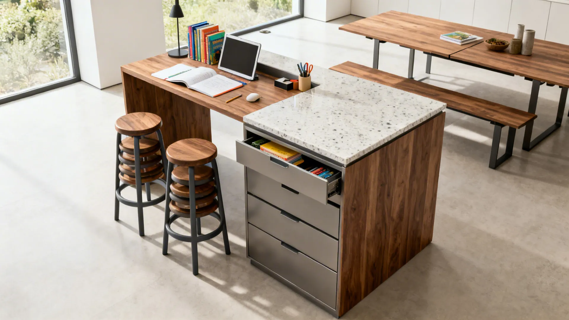 Kitchen island configured as a homework station with drawers and stool overhang in an open-plan layout.