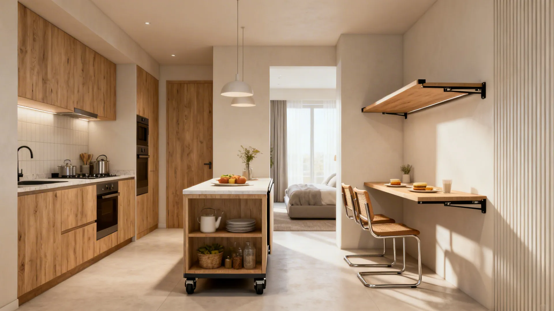 Narrow rolling island and fold-down breakfast bar in a compact studio kitchen