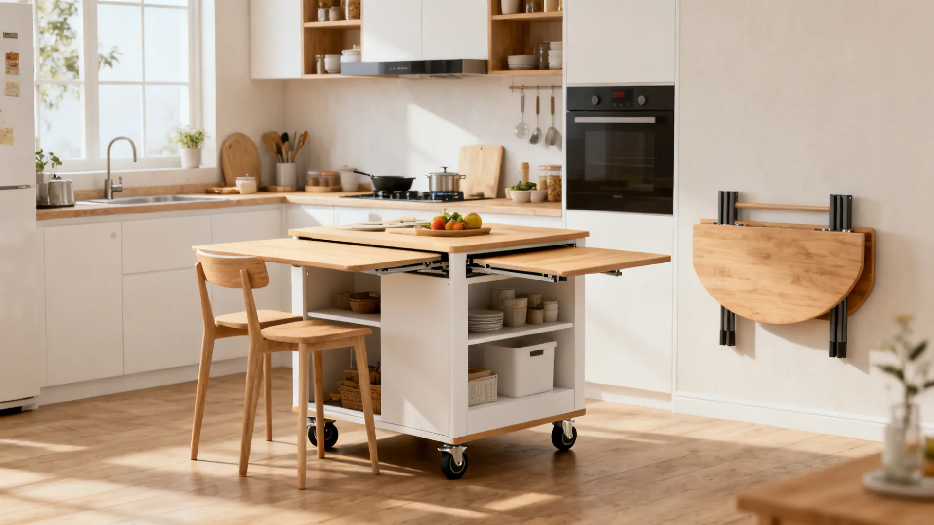 Small kitchen with a rolling multifunctional island and a wall-mounted fold-down table for flexible prep and seating.