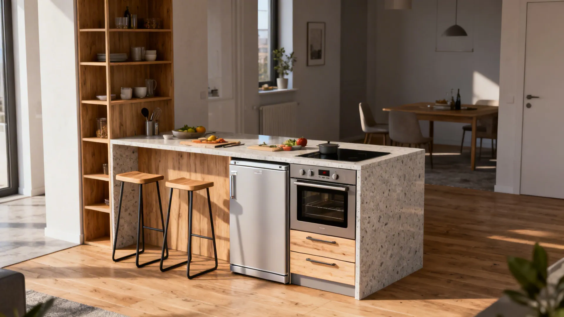 Slim multifunctional kitchen island with integrated compact appliances and seating