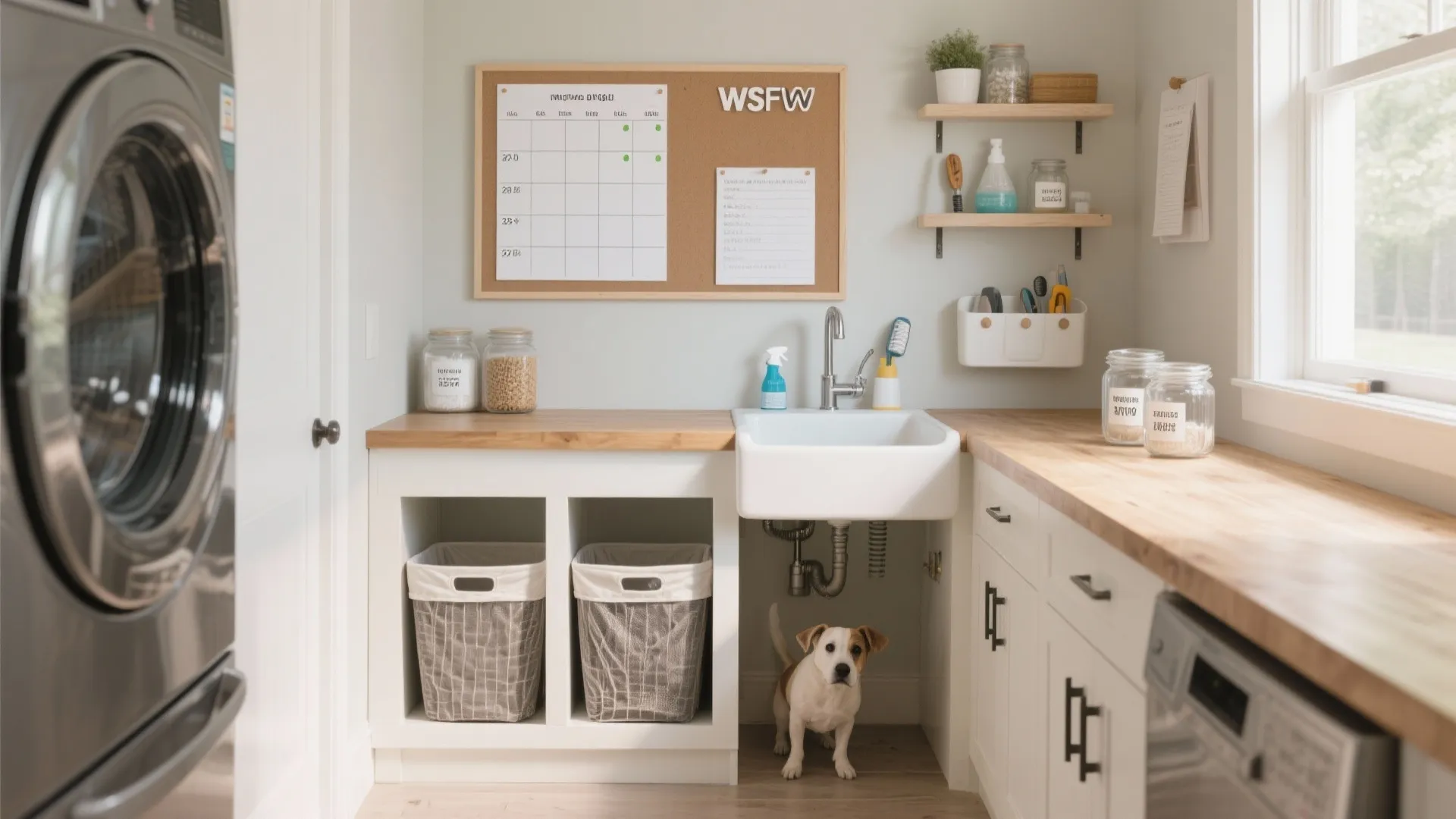 Magnetic schedule board, divided hamper, and shallow utility sink in a multifunctional tiny laundry space