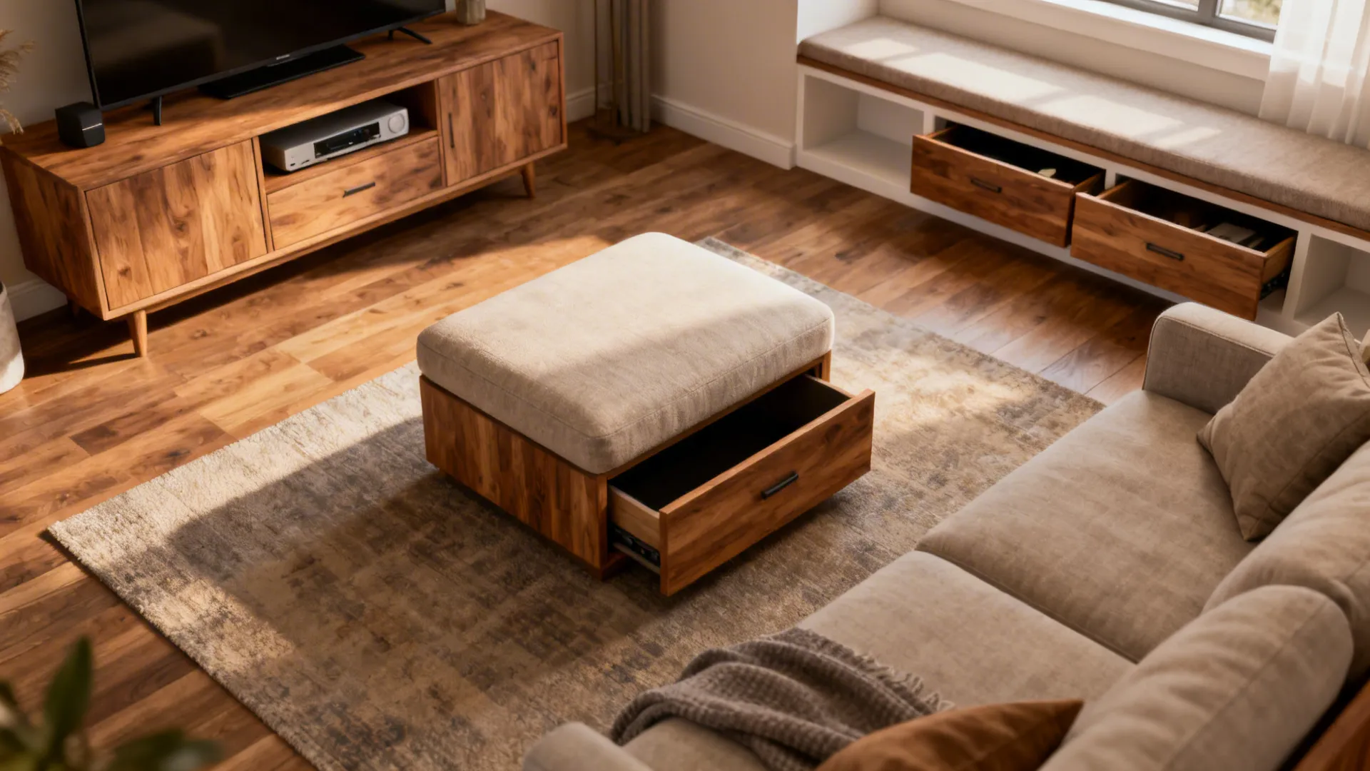 Top-down layout of a small mid-century living room with multifunctional furniture