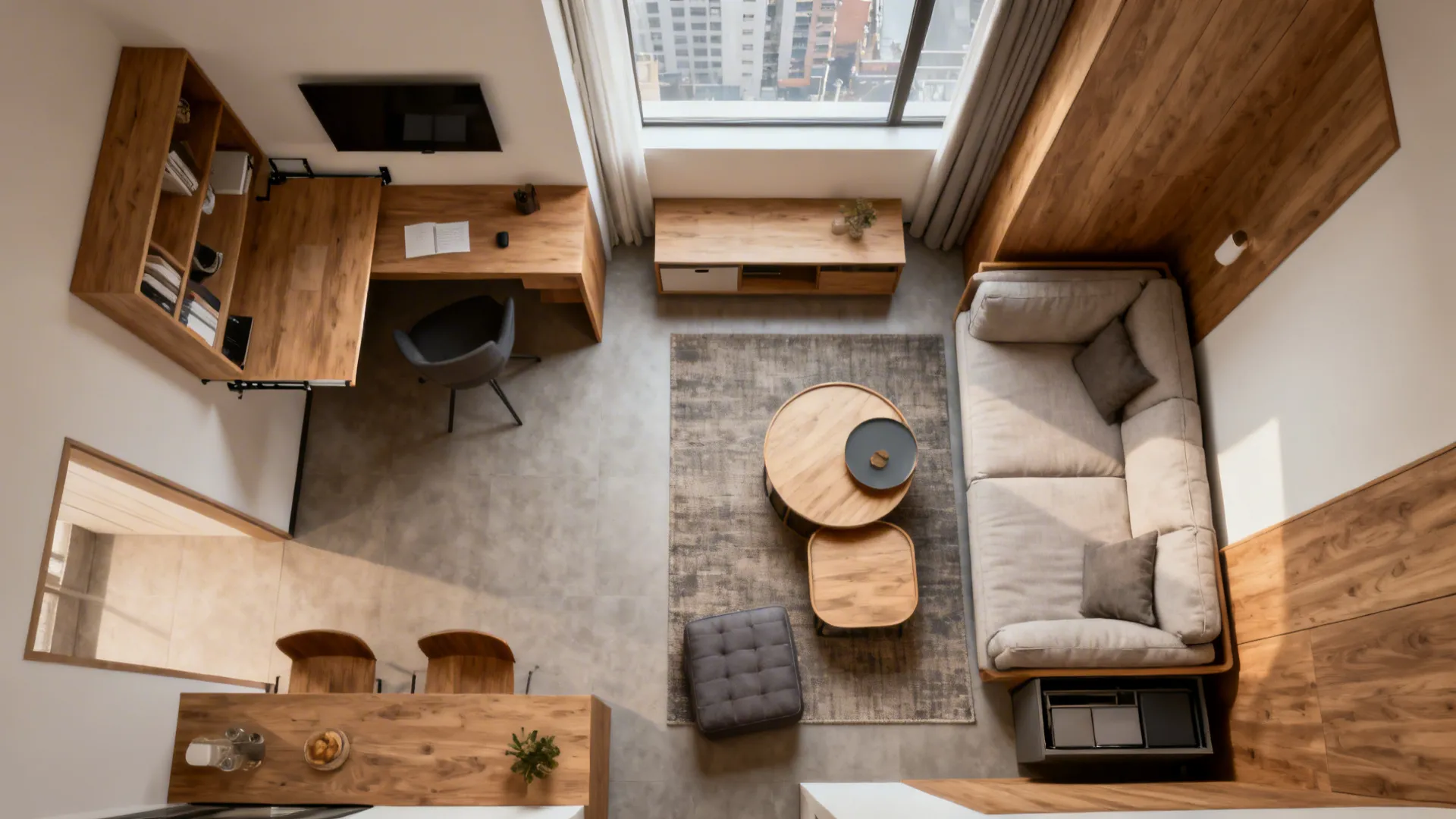 Top-down plan showing work and lounge zones with convertible console, drop-leaf desk, and storage ottoman.