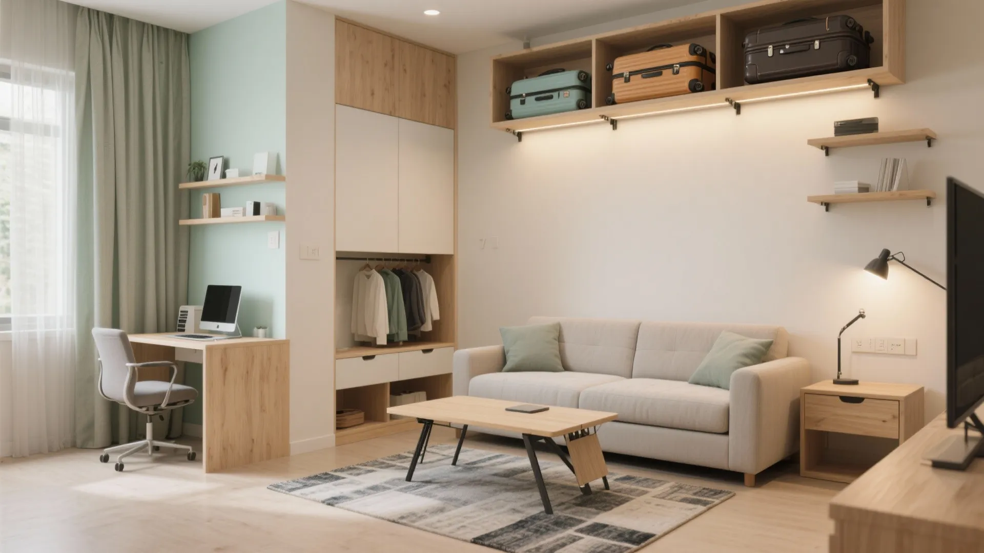 Multifunctional living: sofa-bed, folding table, and vertical zones