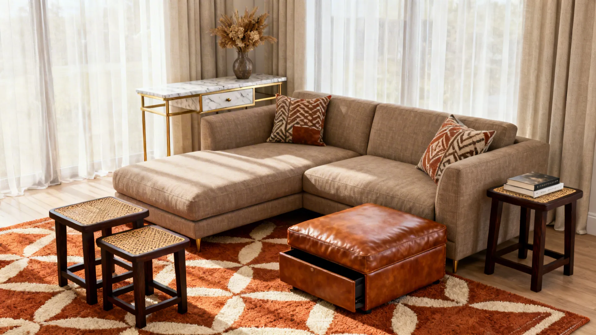 L-shaped sofa paired with a narrow console, storage ottoman, and nesting stools in a small room.