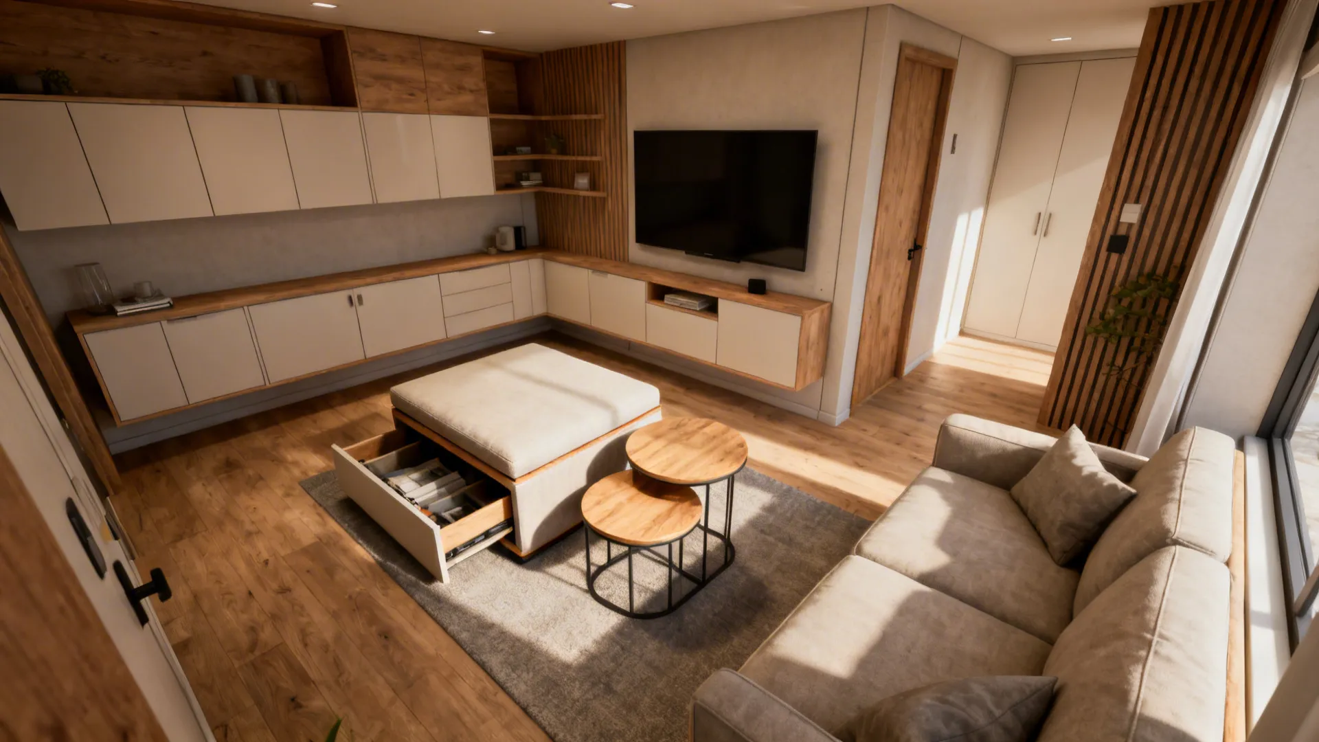 Compact living room with multifunctional furniture like storage ottoman and wall cabinets.