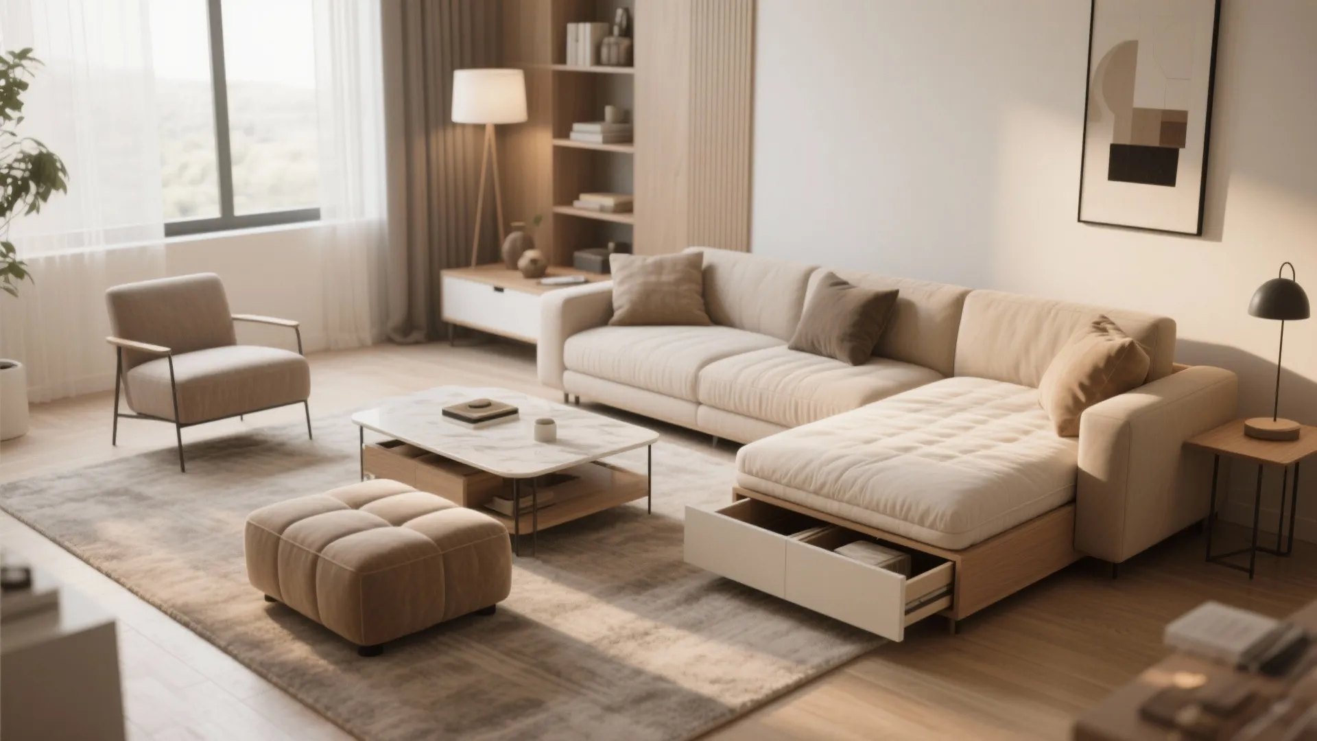 Modern living room with beige sectional sofa, open storage drawer, marble coffee table, and footrest