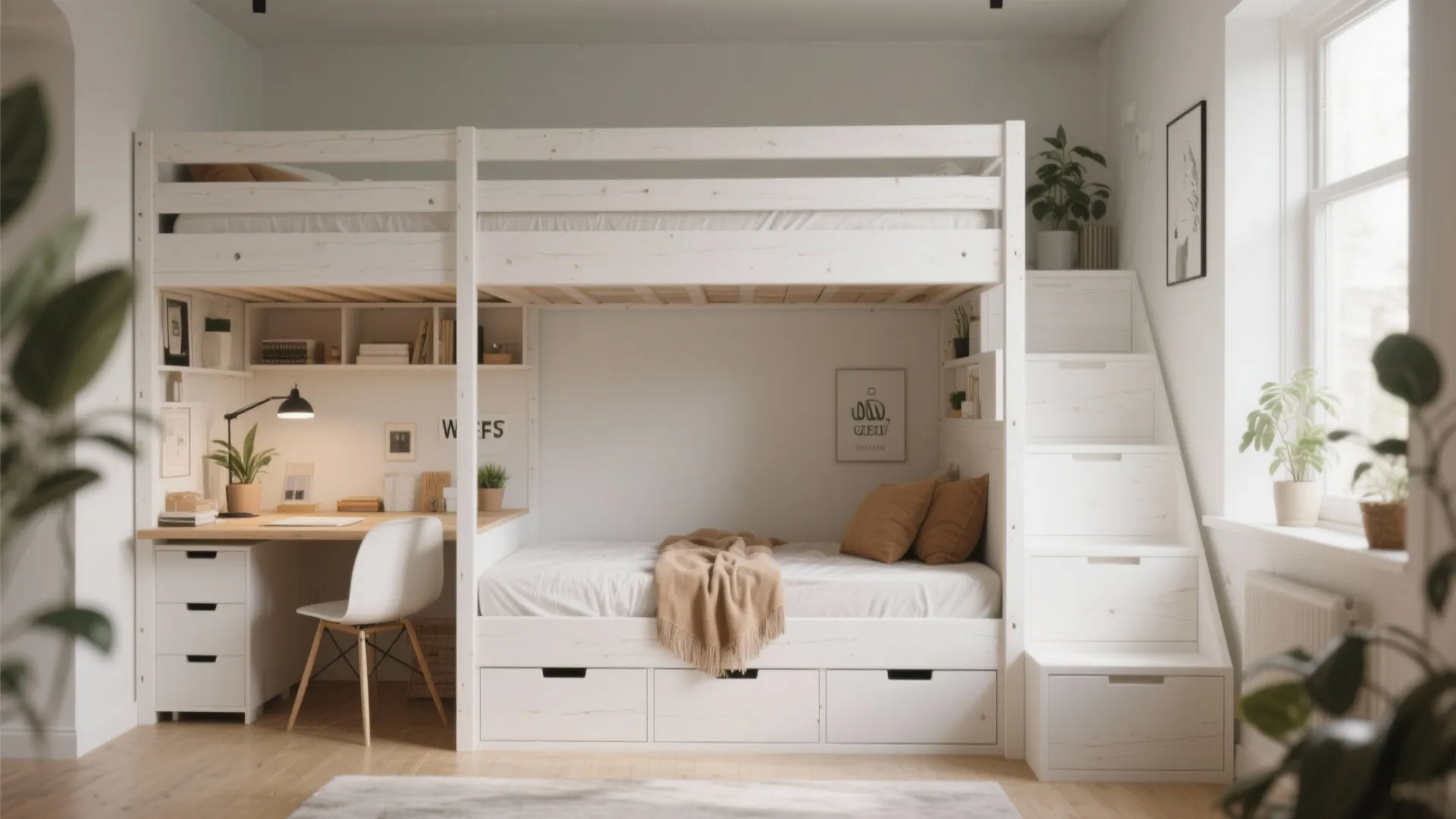 White wood loft bed with integrated desk and storage in a studio apartment.