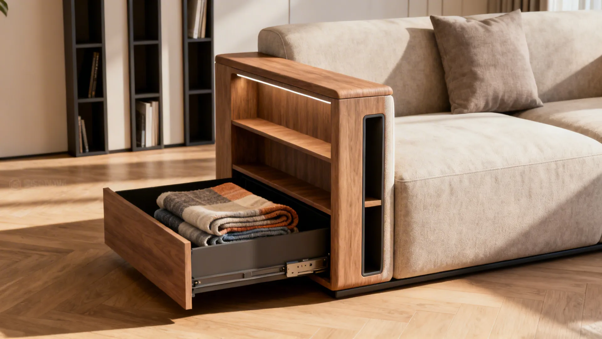 Loveseat with hidden storage open showing throws, sofa with slim shelving and tall narrow storage units.