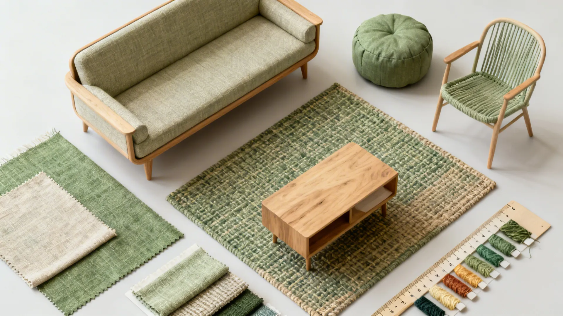 Flatlay of fabric swatches, a pouf, and compact furniture samples illustrating smart scale choices.