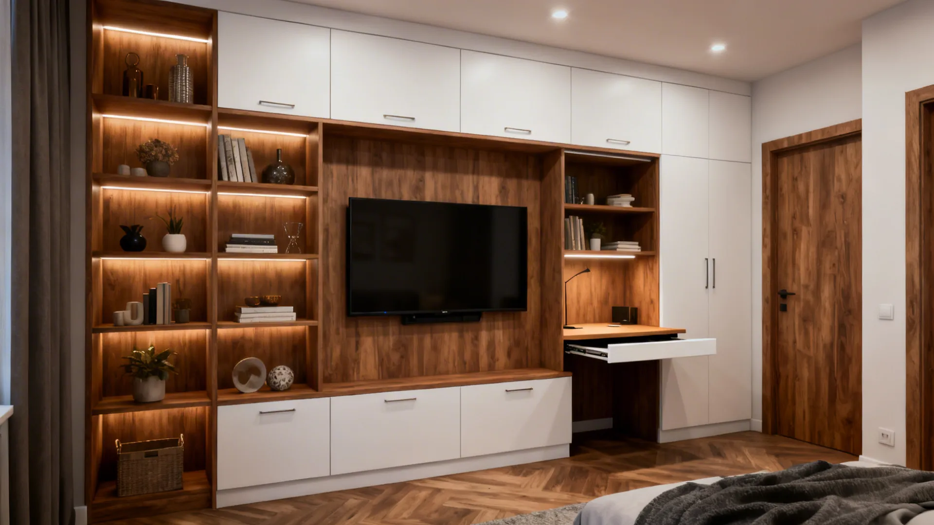 Built-in media wall with shelving, concealed cabinets and a hidden fold-out desk in a compact living room.