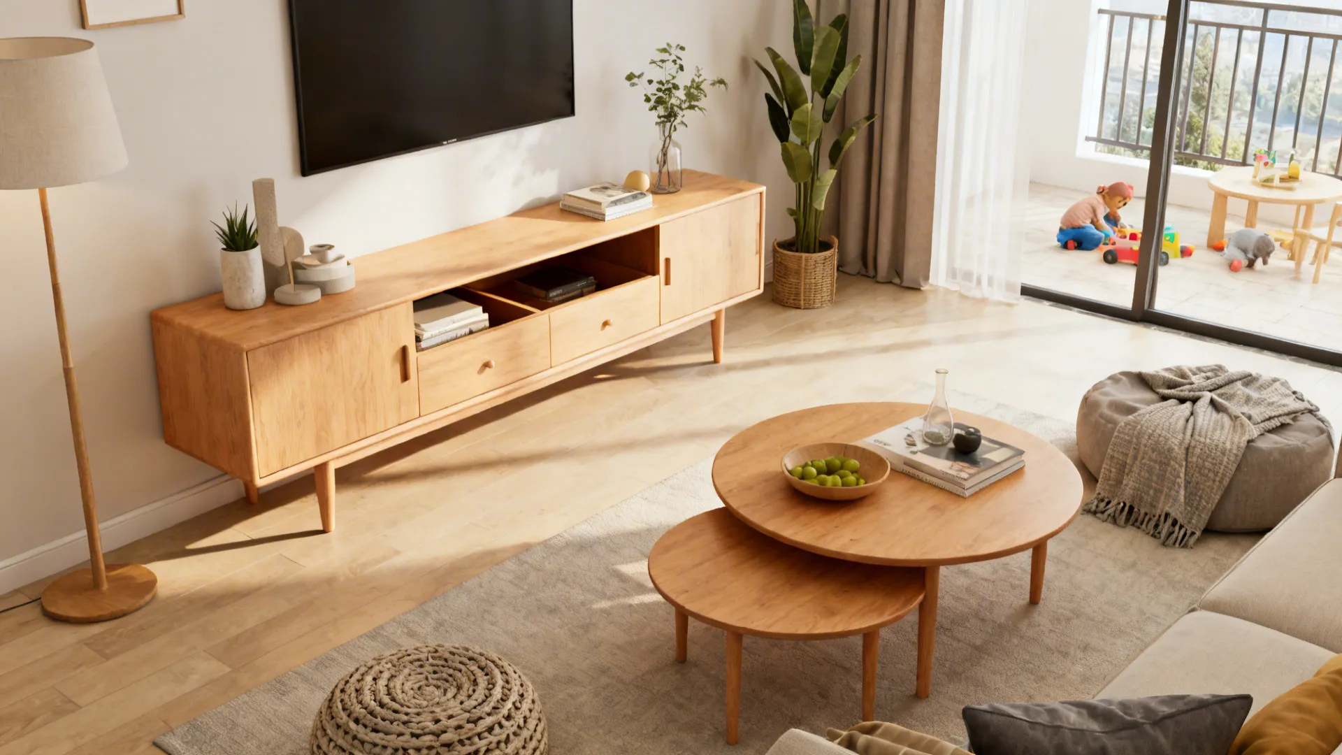Compact living room showing multifunctional mid-century furniture like a storage credenza and nested coffee tables