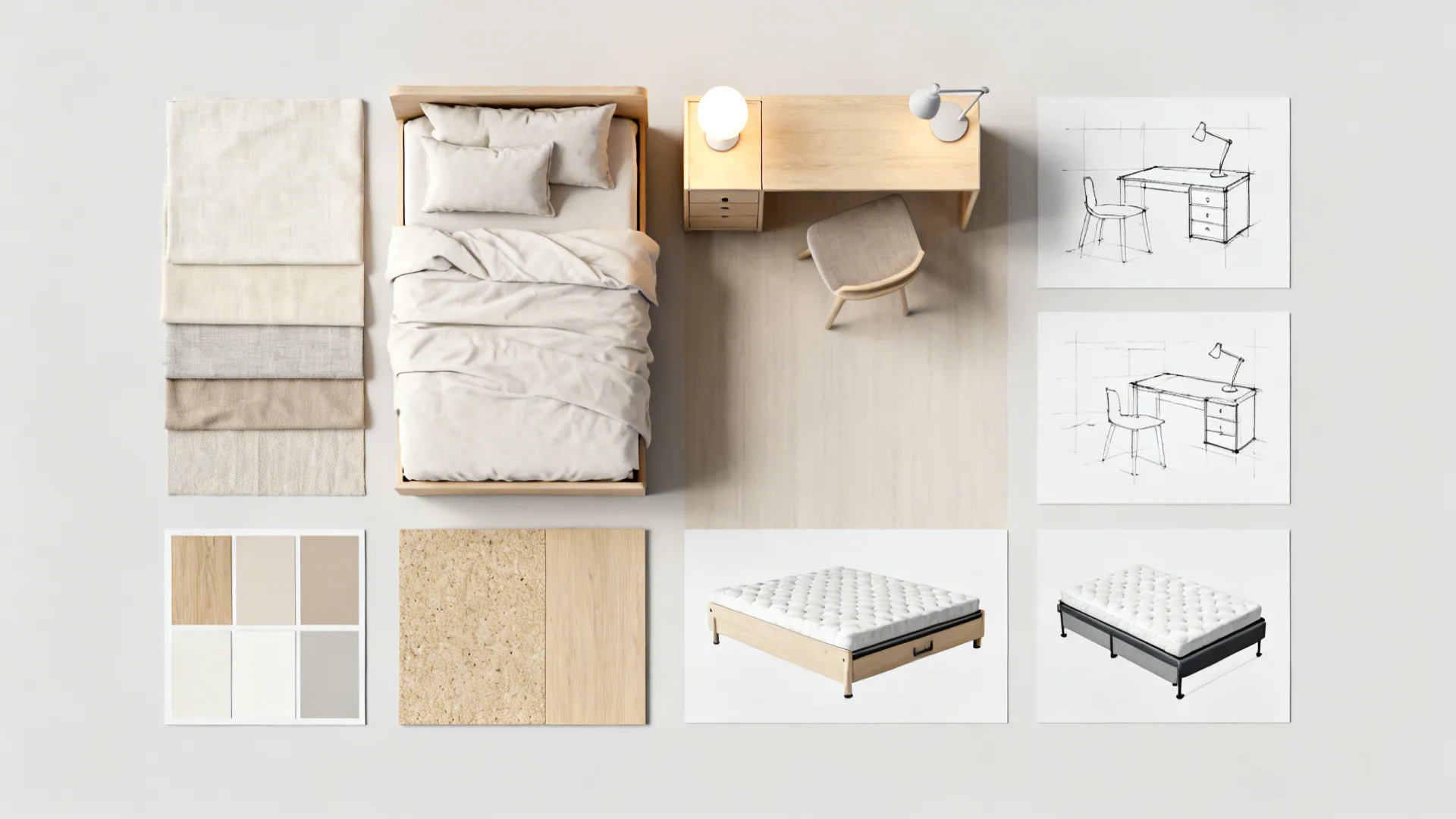 Flatlay moodboard of multifunctional furniture samples and neutral fabric swatches for a small twin room