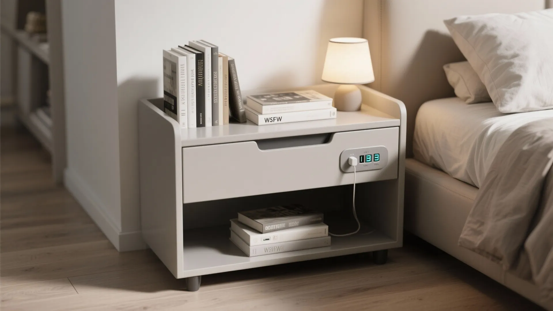 Modern grey nightstand with books small lamp and digital display next to a cozy bed