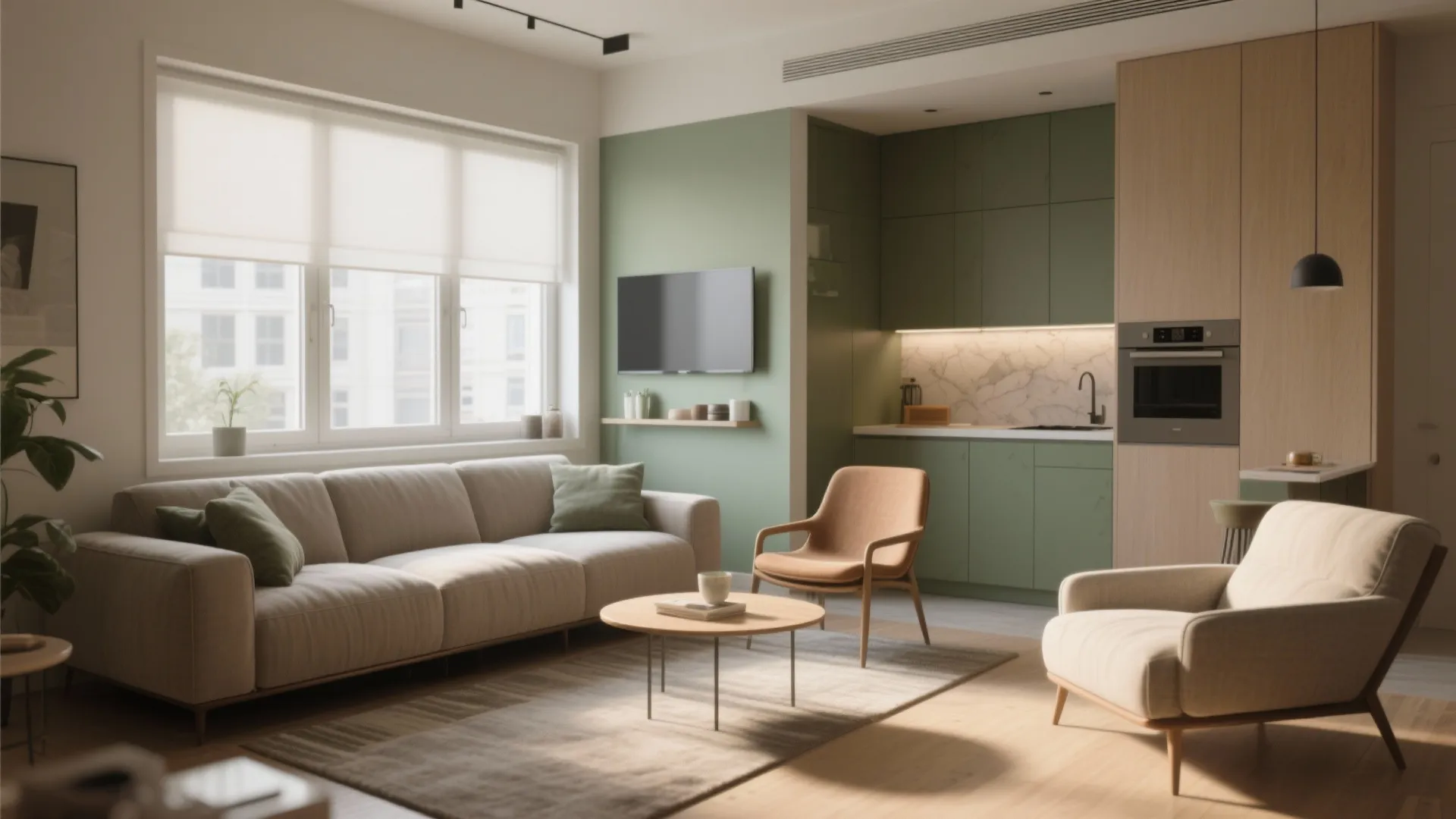 Small living room and green kitchen design with grey sofa wooden coffee table and wall television