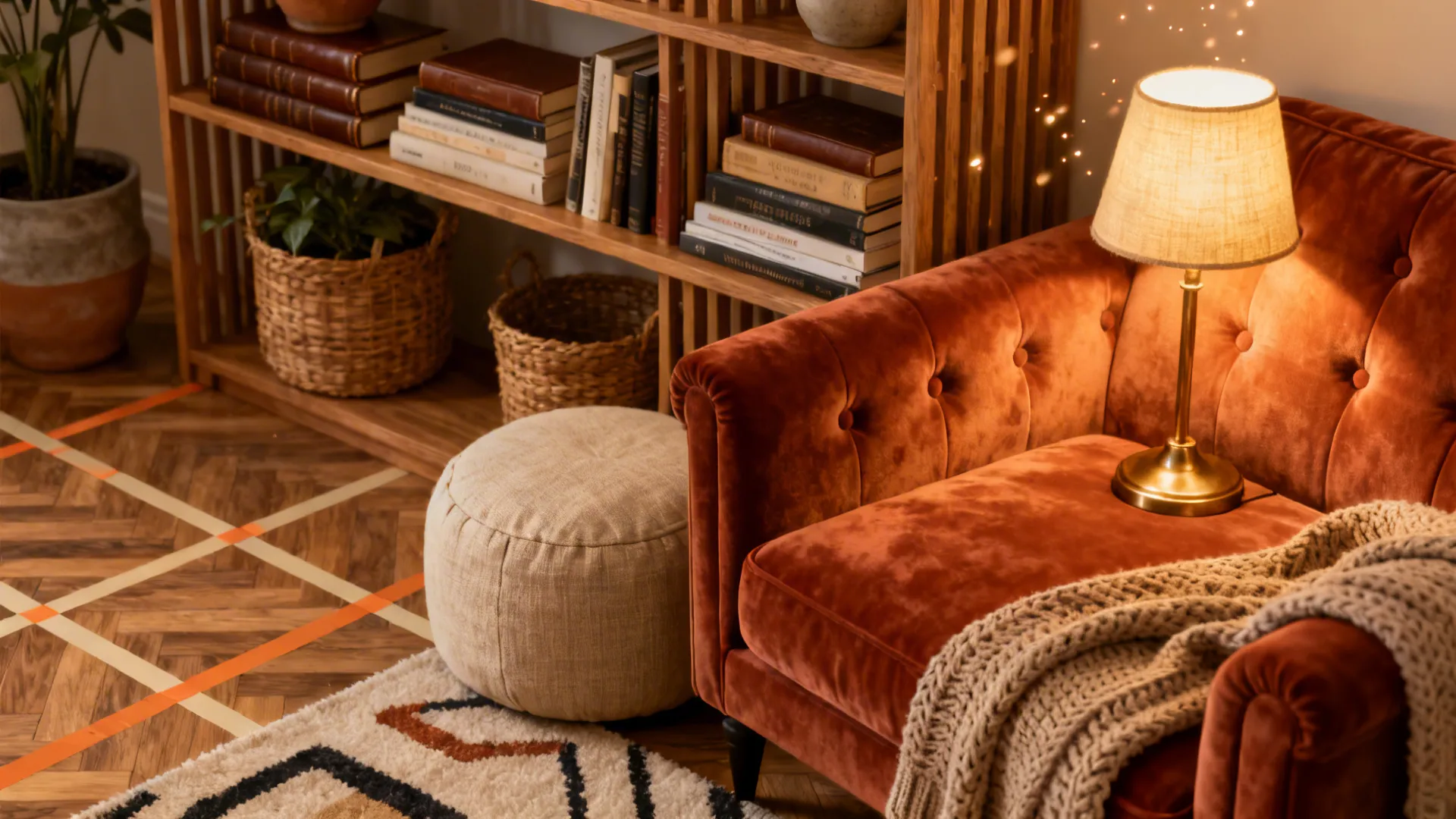 Layered reading nook with loveseat, pouf and vertical shelving, warm lamp light