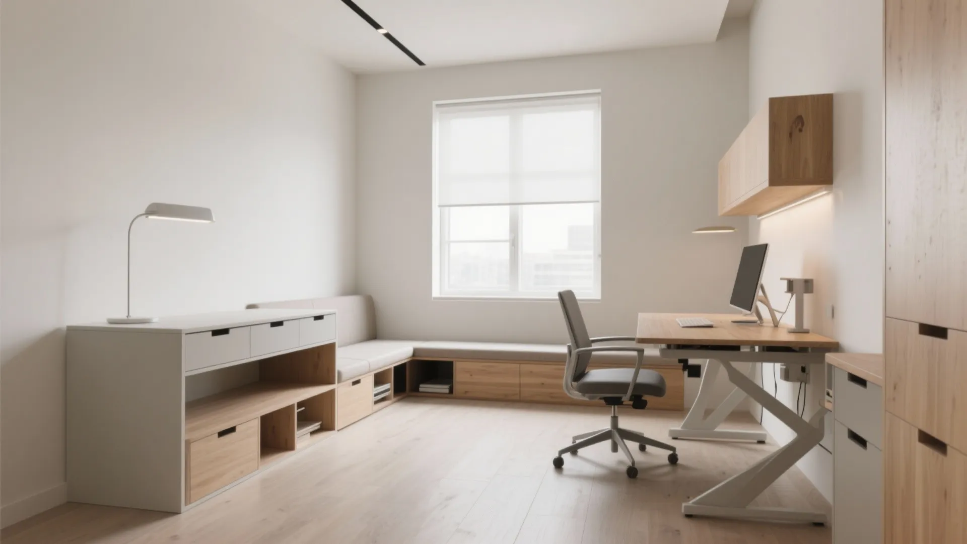 Minimalist home office with hidden storage desk and bench