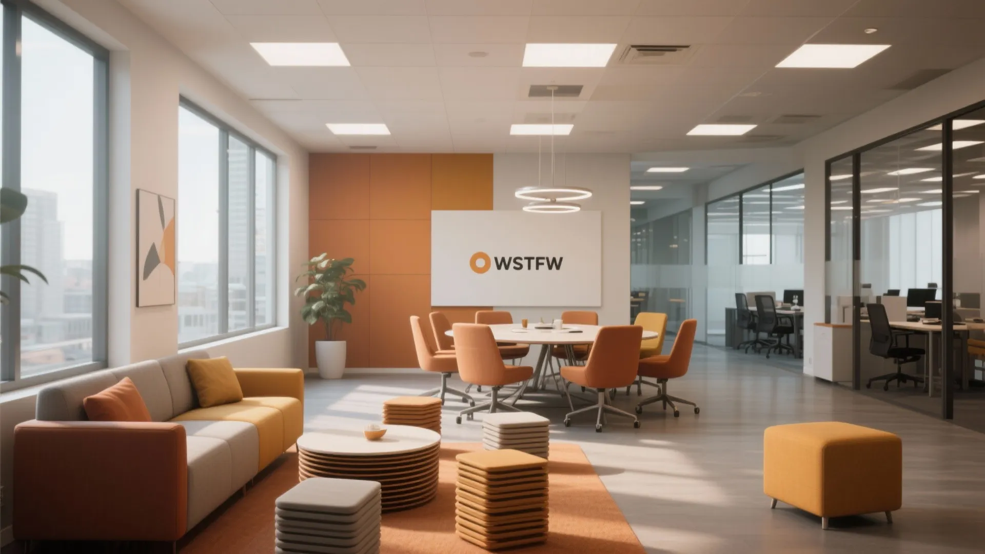 Office lounge space doubling as a meeting area with stackable chairs