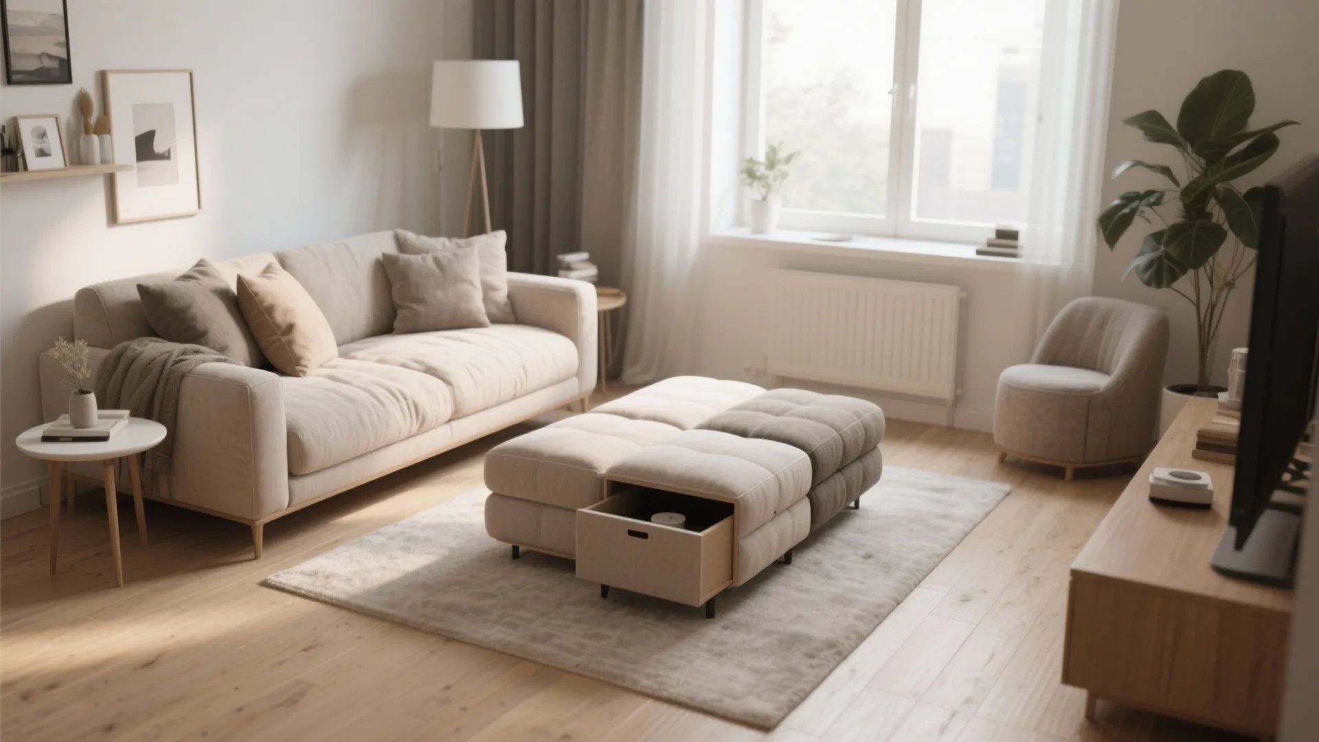 Modern living room with beige sofa and a multifunctional footrest showing an open wooden drawer