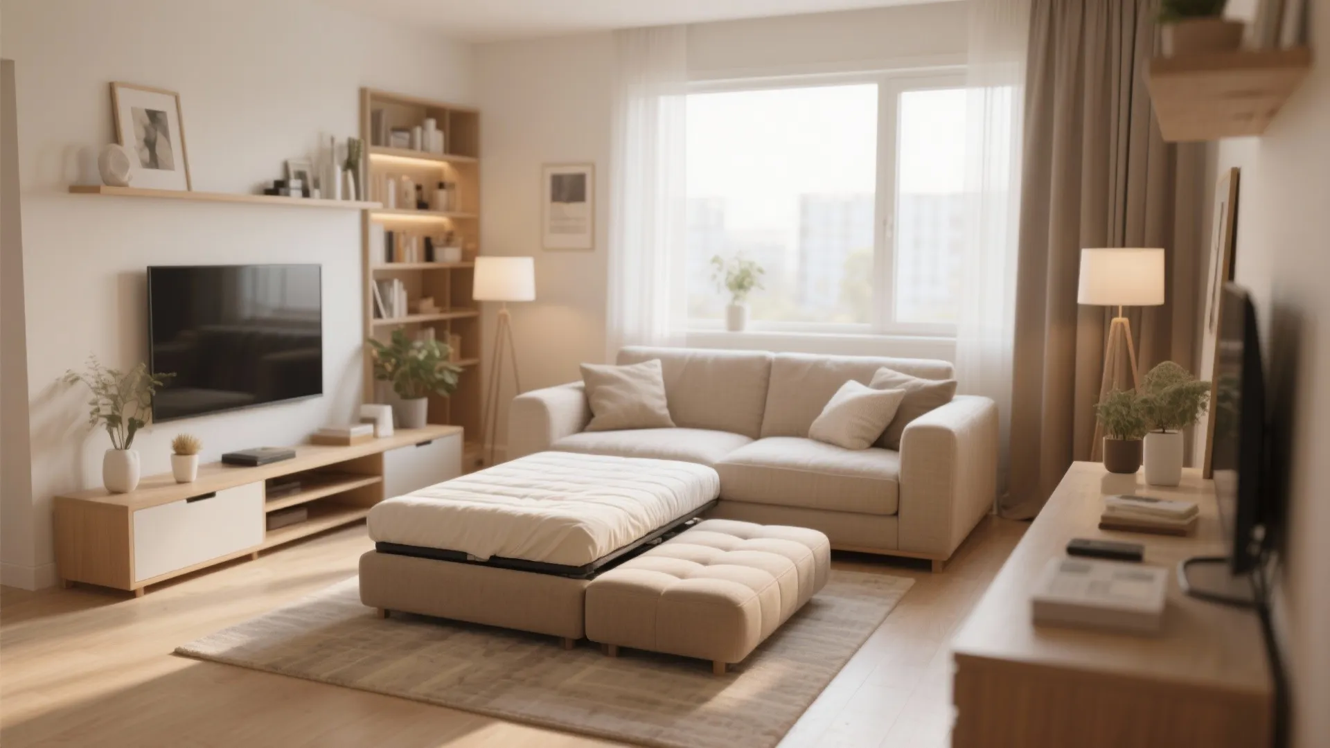 Beige sofa and large footrest in living room with wooden TV stand and wall bookshelves