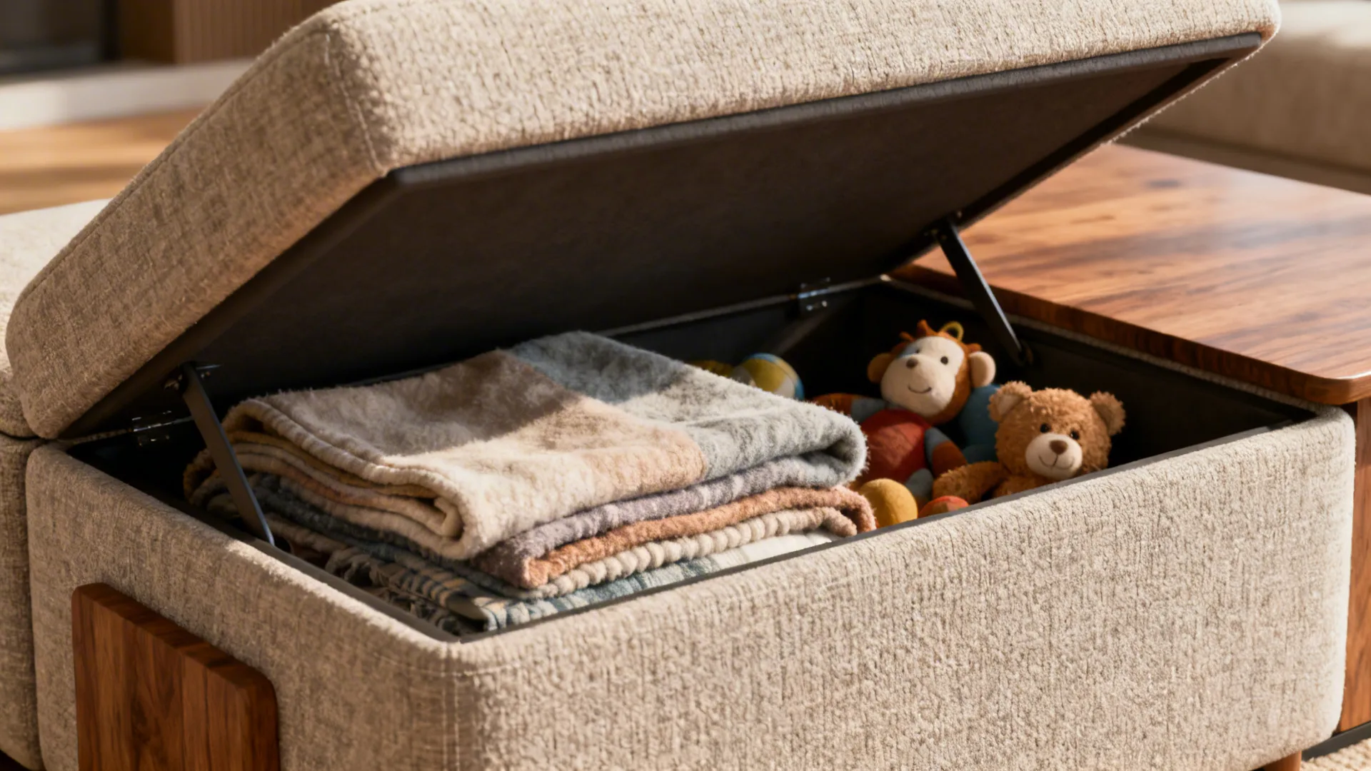 Open ottoman showing hidden storage with blankets and toys neatly tucked away