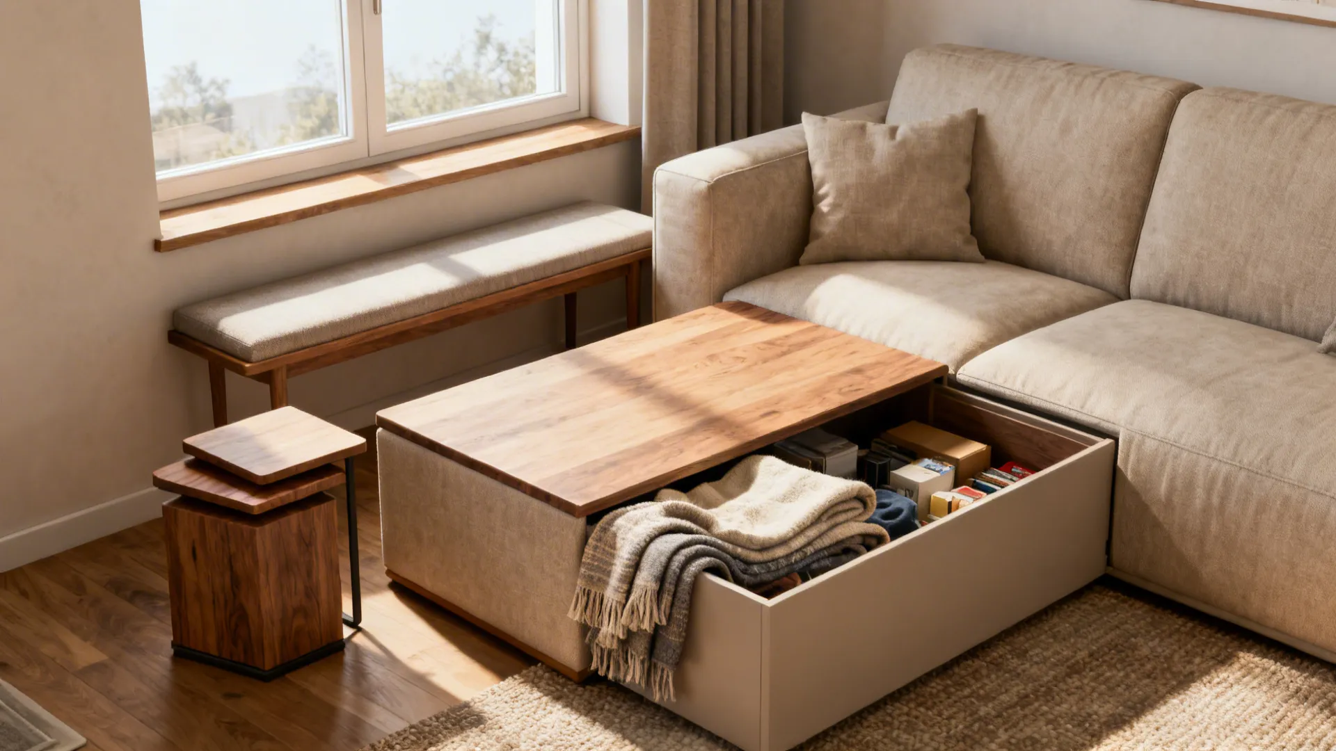 Storage ottoman, nesting tables and a narrow bench balancing a large sofa in a cozy living room.