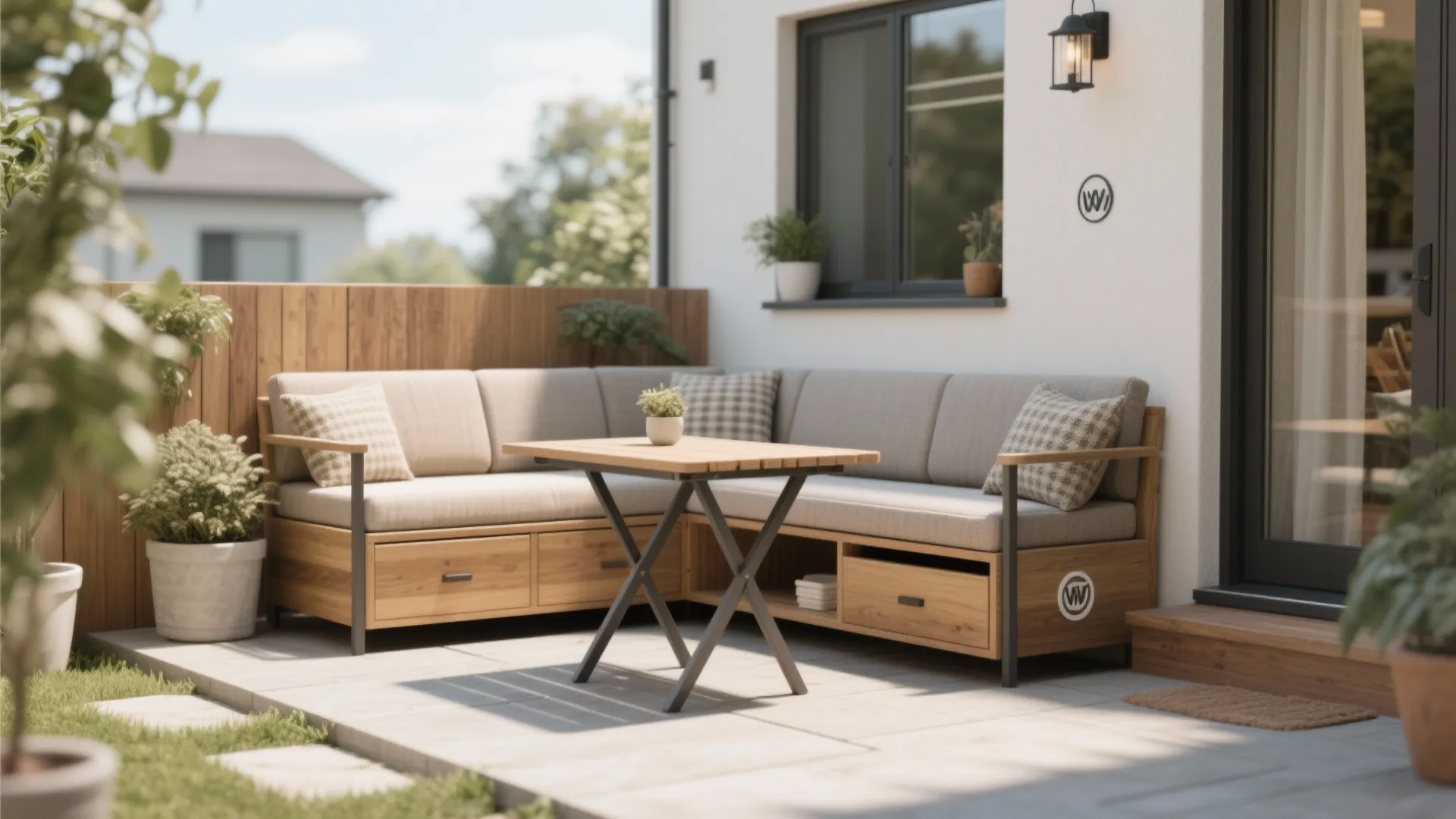 Patio with multifunctional foldable table and storage bench