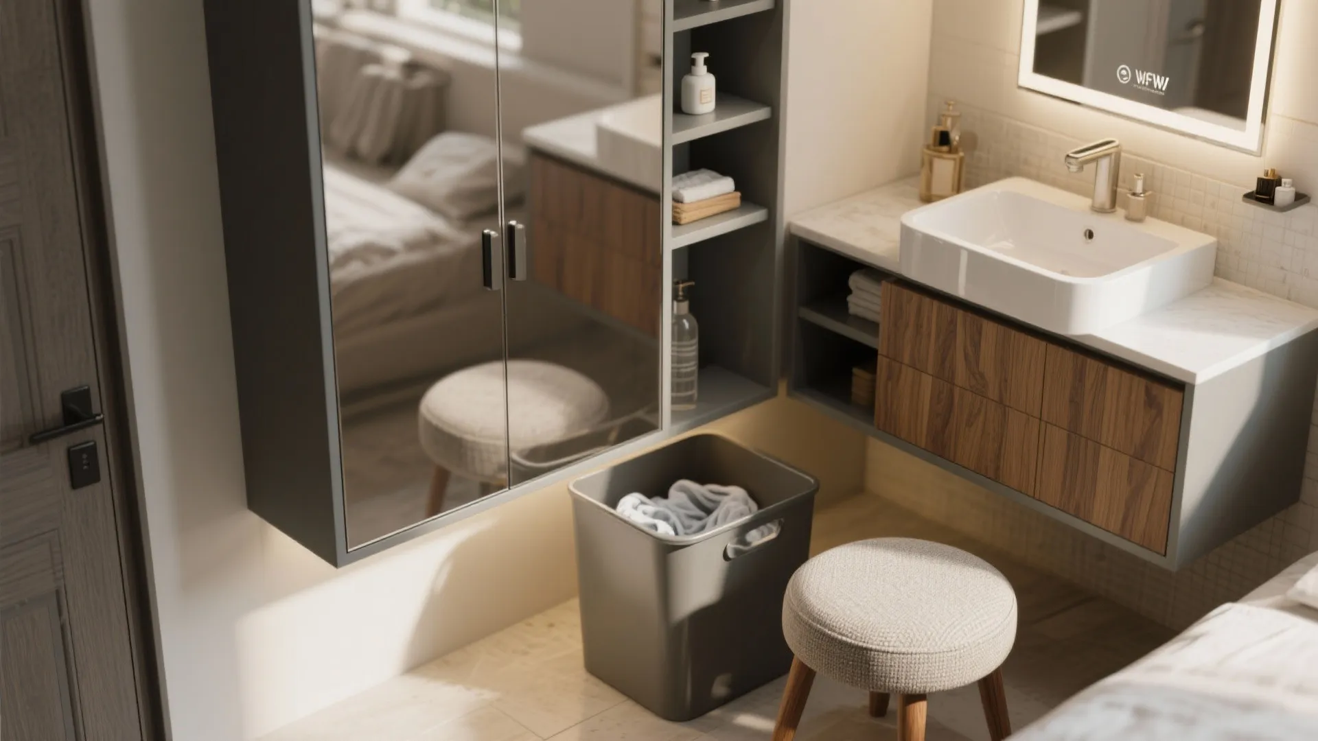 Modern bathroom interior design featuring wooden cabinet sink mirror small stool laundry basket and grey shelves