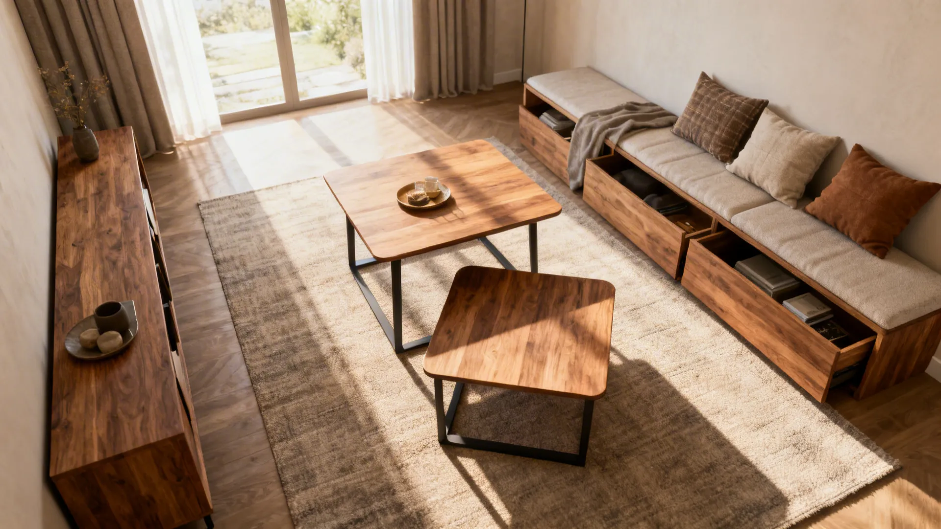 Collection of multifunctional furniture pieces for narrow rooms including convertible console and storage bench