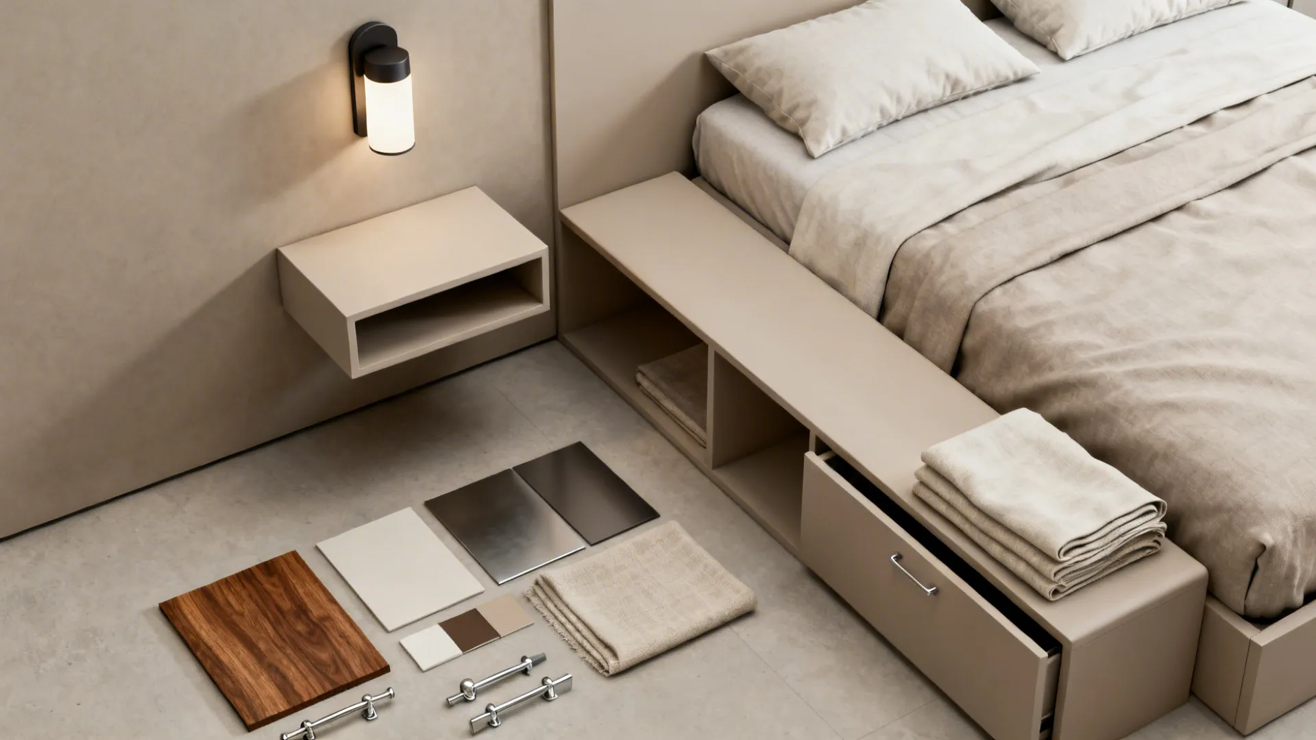 Flatlay of floating nightstand, wall sconce, storage bench and material swatches for a compact bedroom.