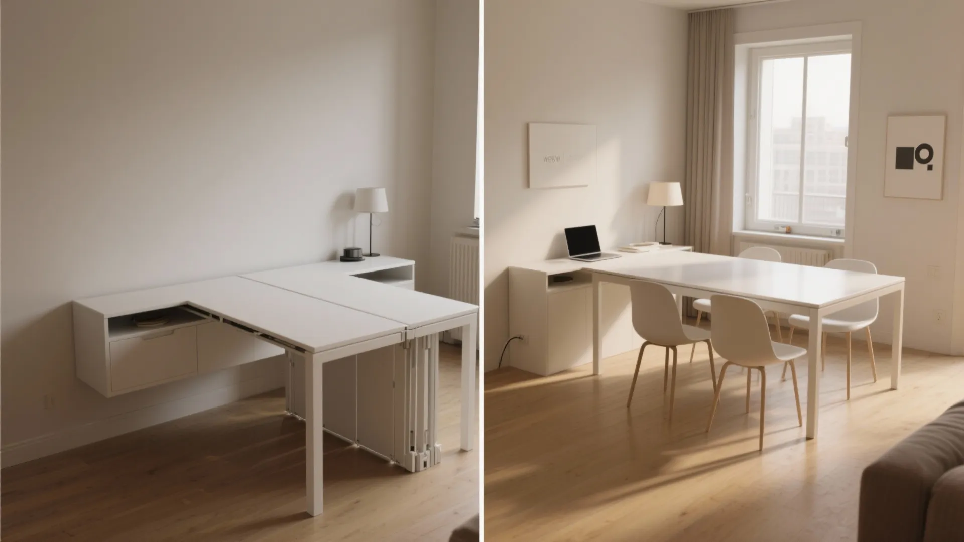 Side-by-side comparison of a white foldable desk being expanded into a large dining room table